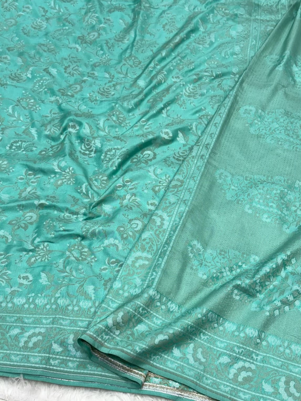 Aqua Green Pure Mulberry Katan Silk Jamdani Handwoven Banarasi Saree |Ektara Weave|