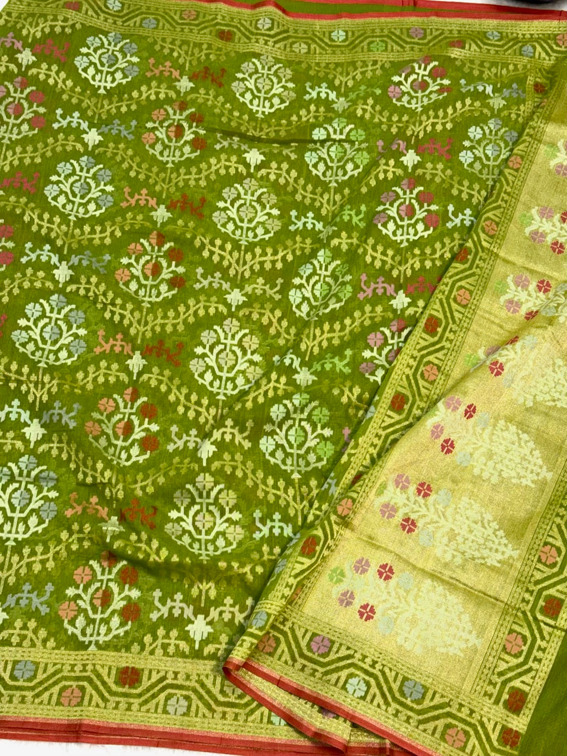 Green Pure Muslin Cotton Jamdani Handloom Banarasi Saree |Ektara Weave|