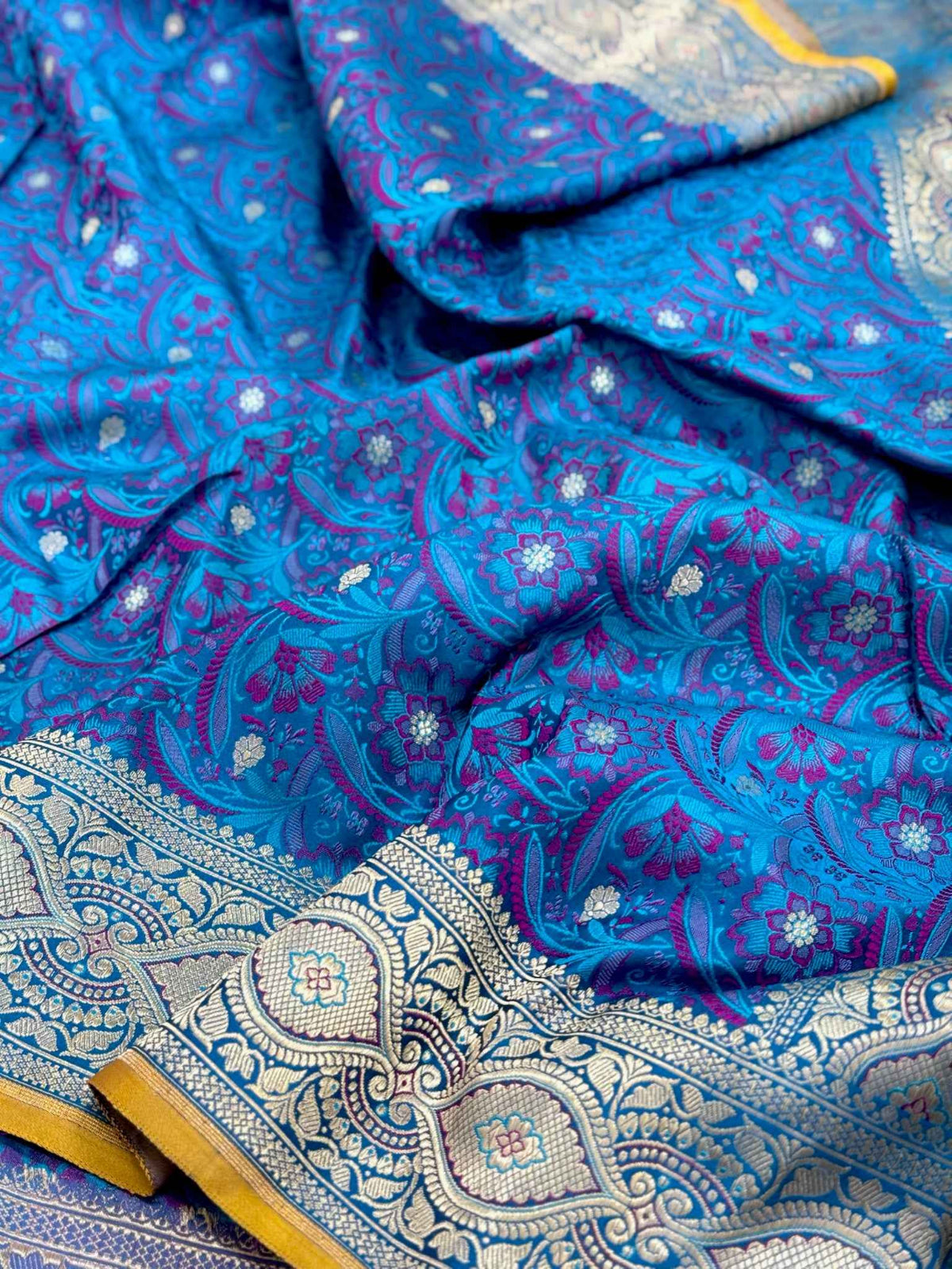 Saphire Blue Pure Satin Silk Handwoven Soft Drape Banarasi Saree