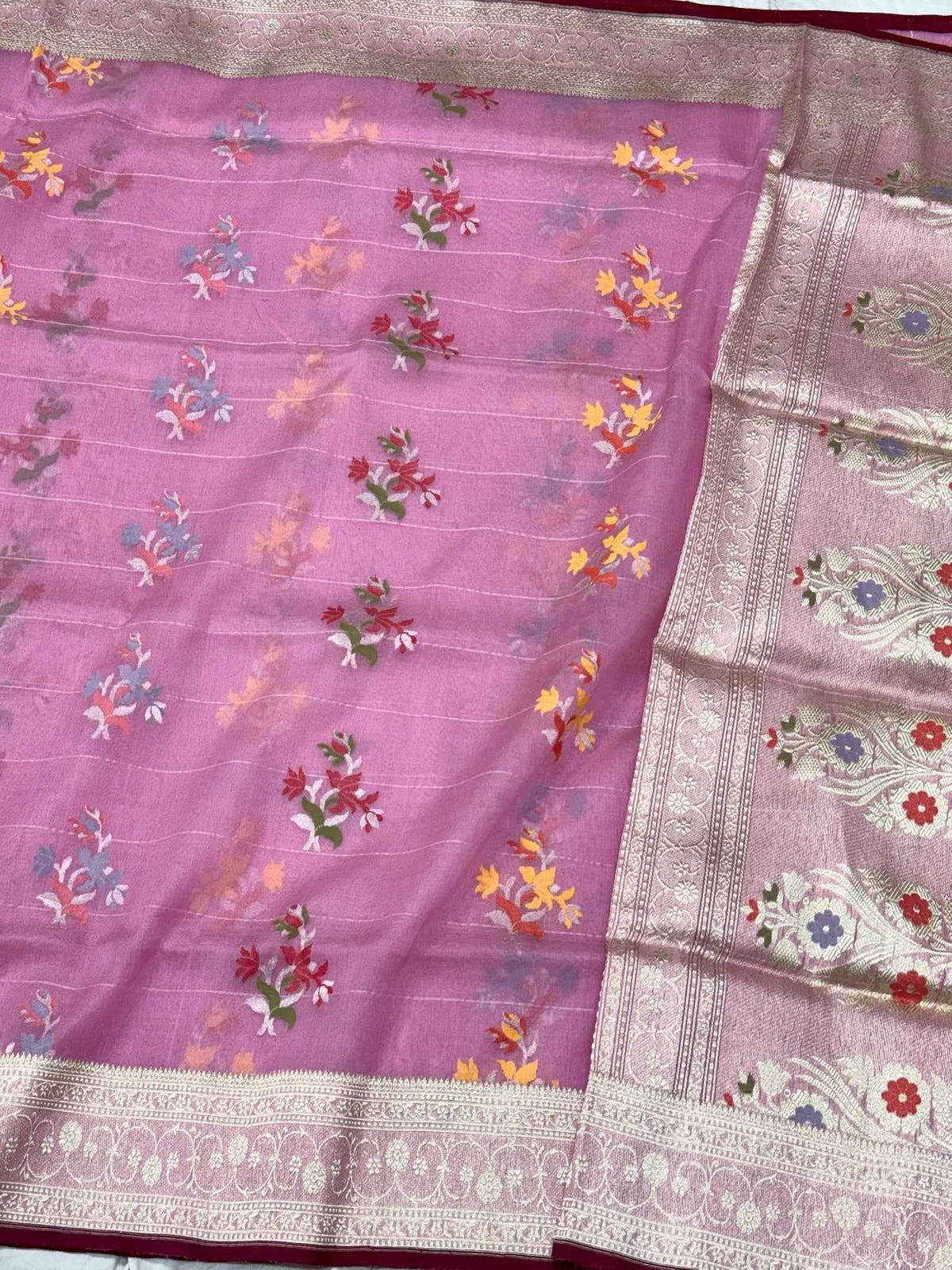 Candy Pink Pure Kora Mulberry Silk Handloom Banarasi Saree - Ektara Jamdani Banarasi Saree