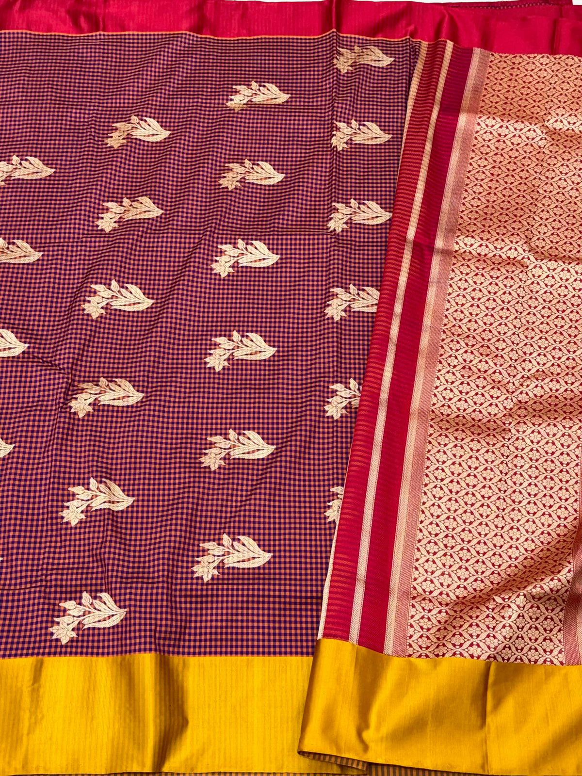 Purple/Orange Check Pure Katan Mulberry Silk Handwoven Banarasi Contemporary Saree | Kadhwa Technique | The Modern Royal