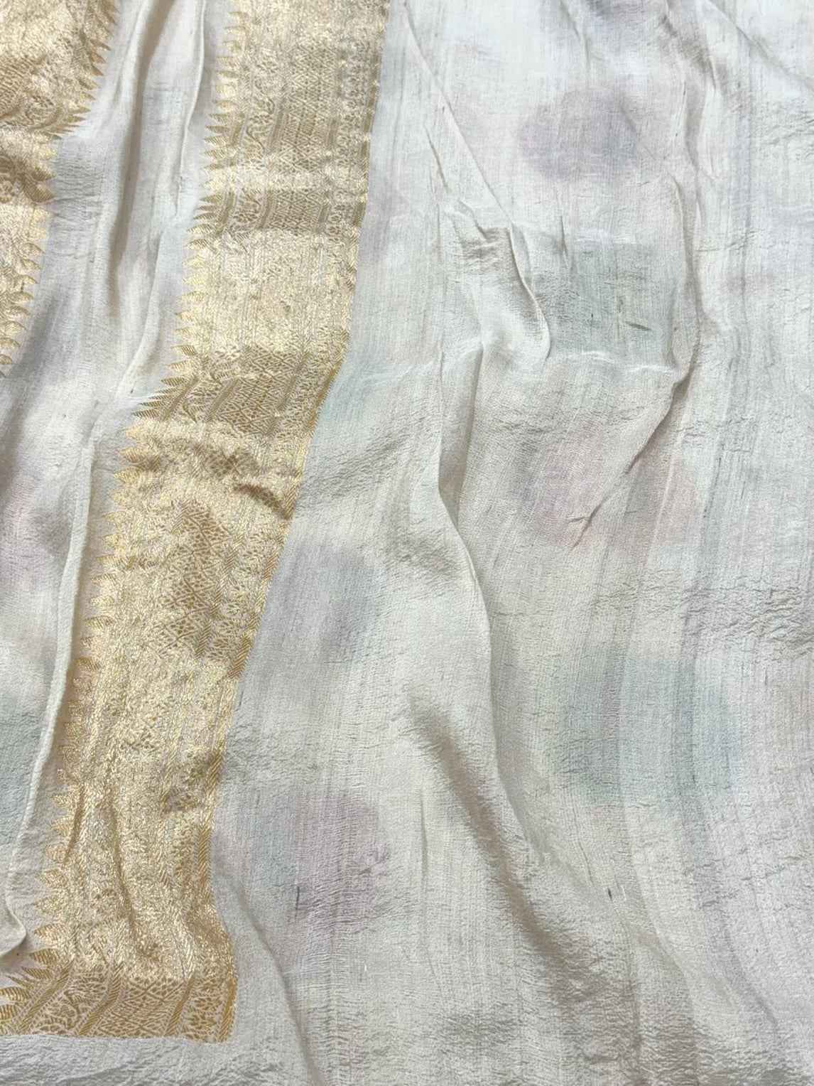 Natural Ivory Pure Tussar Georgette Silk - Kadhwa Technique Modern Masterpiece Banarasi Saree