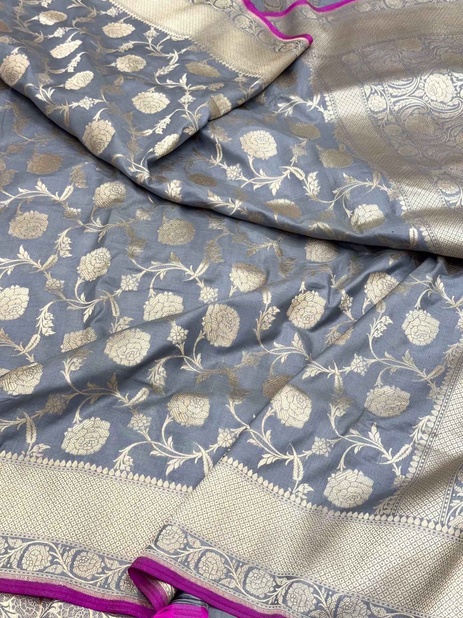 Steel Gray Pure Mulberry Katan Silk Handloom Banarasi Saree