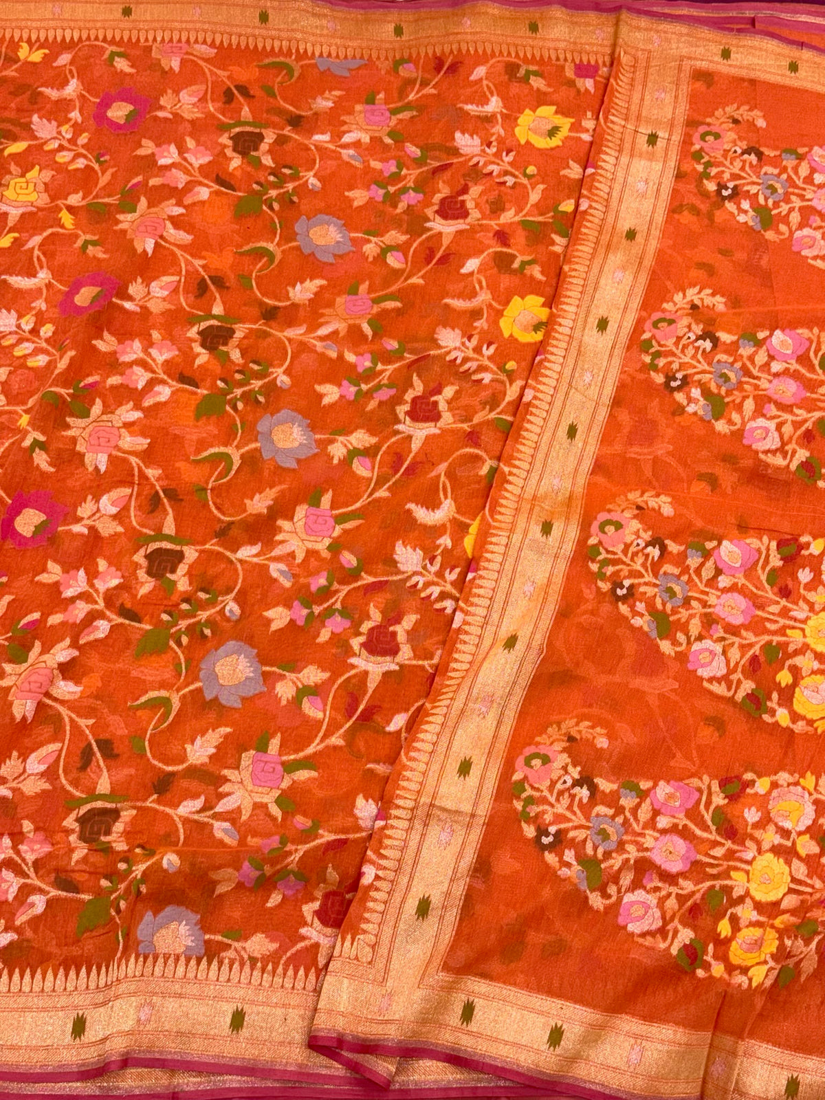 Orange Pure Muslin Cotton Jamdani Handloom Banarasi Saree with Ektara Weave