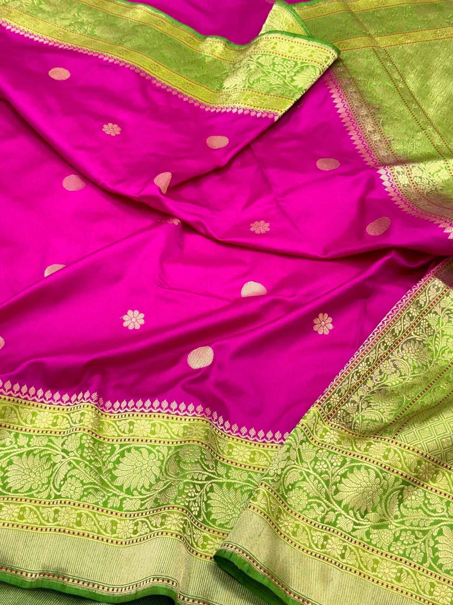 Hot Pink Pure Katan Mulberry Silk | Kadhwa Weave | Authentic Handwoven Premium Banarasi Saree