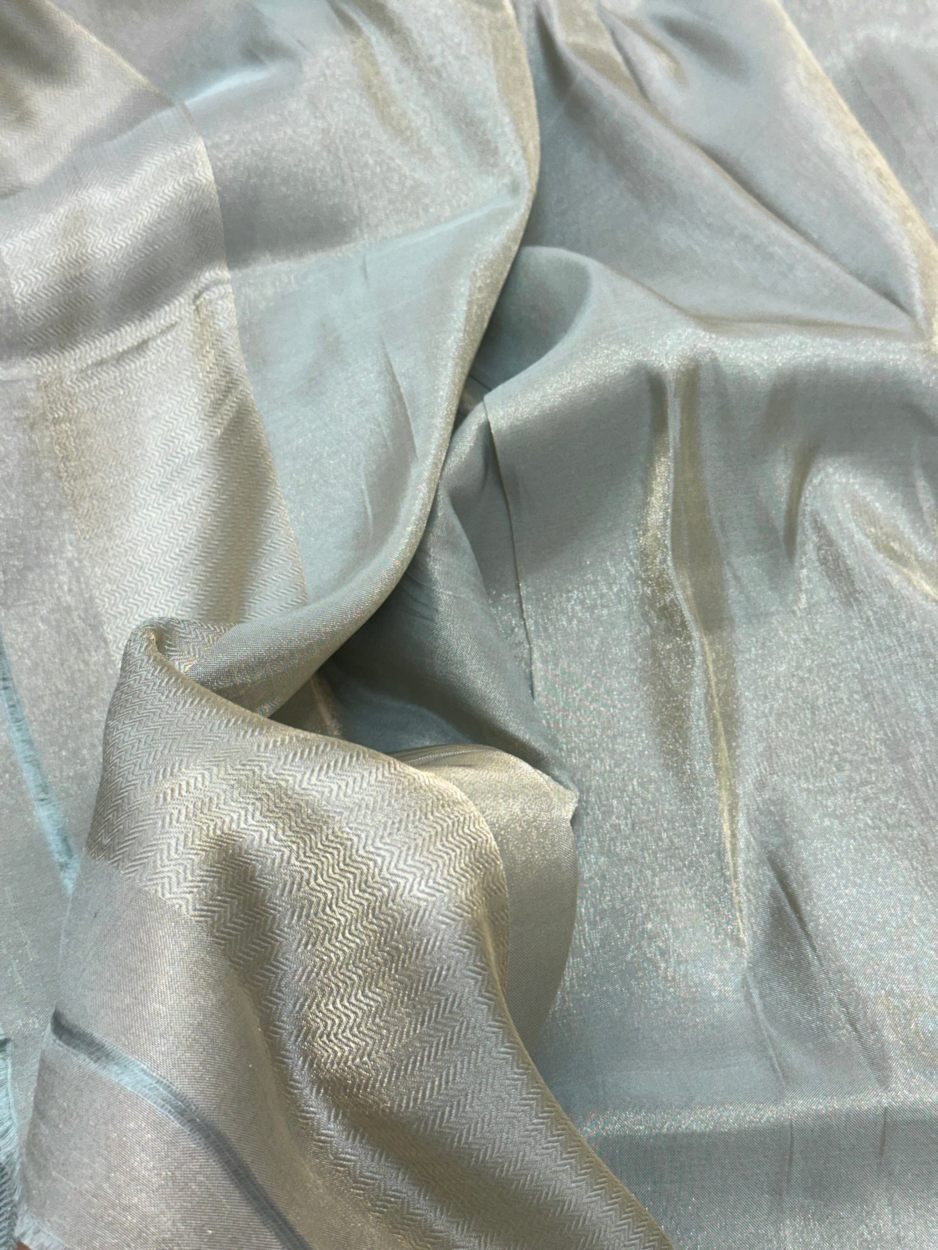 Dusty Teal Green Silk Handwoven Double Silk Tissue Contemporary Banarasi Saree