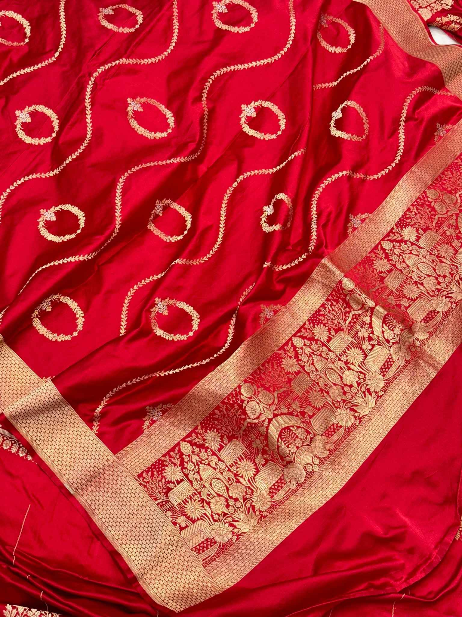 Red Satin Silk Pure Handwoven Lahenga