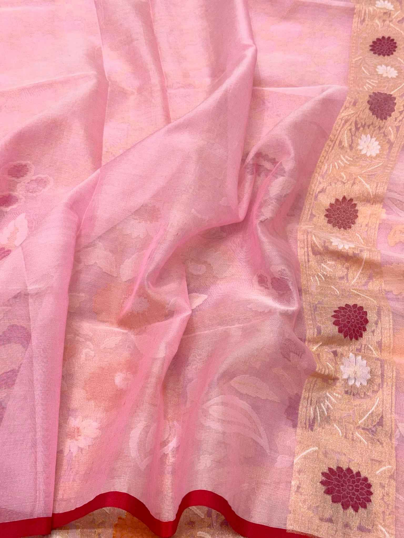 Baby Pink Pure Mulberry Kora Silk | Ektara Technique | Jamdani Handloom Contemporary Banarasi Modern Saree