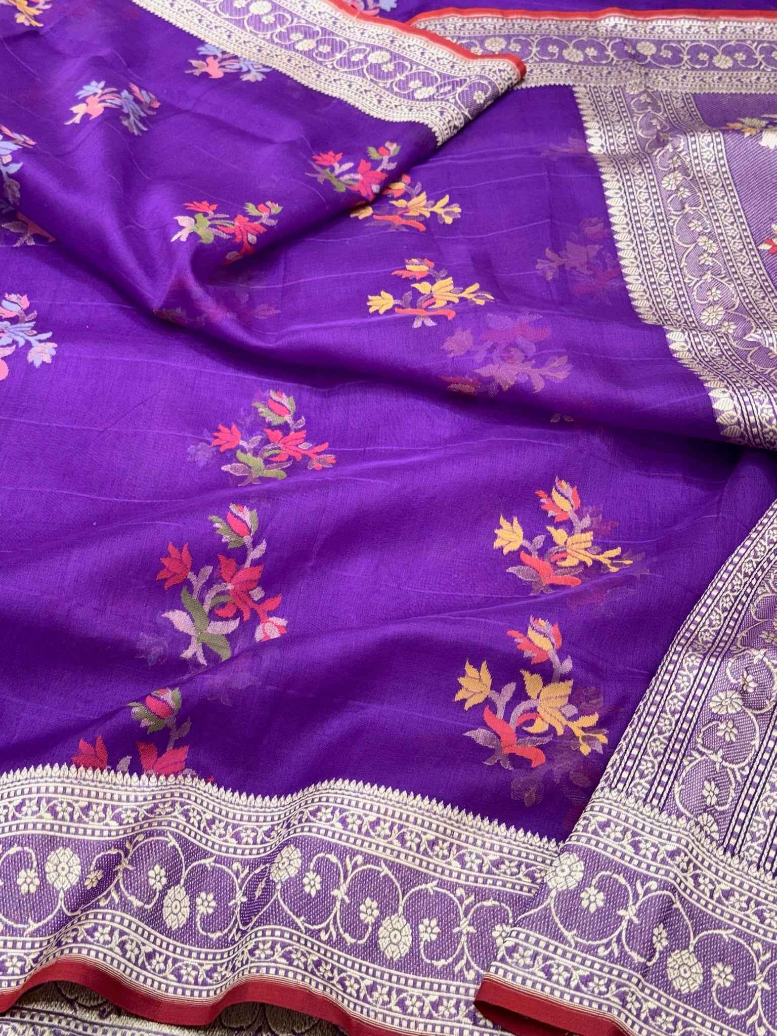Purple Pure Kora Mulberry Silk handwoven Banarasi saree - Ektara Jamdani Weave