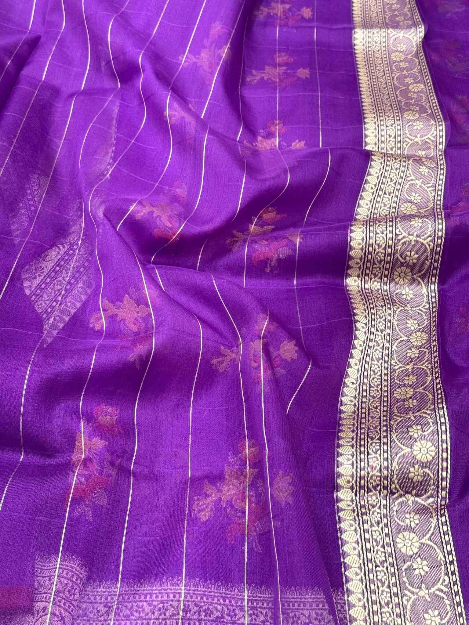 Purple Pure Kora Mulberry Silk handwoven Banarasi saree - Ektara Jamdani Weave