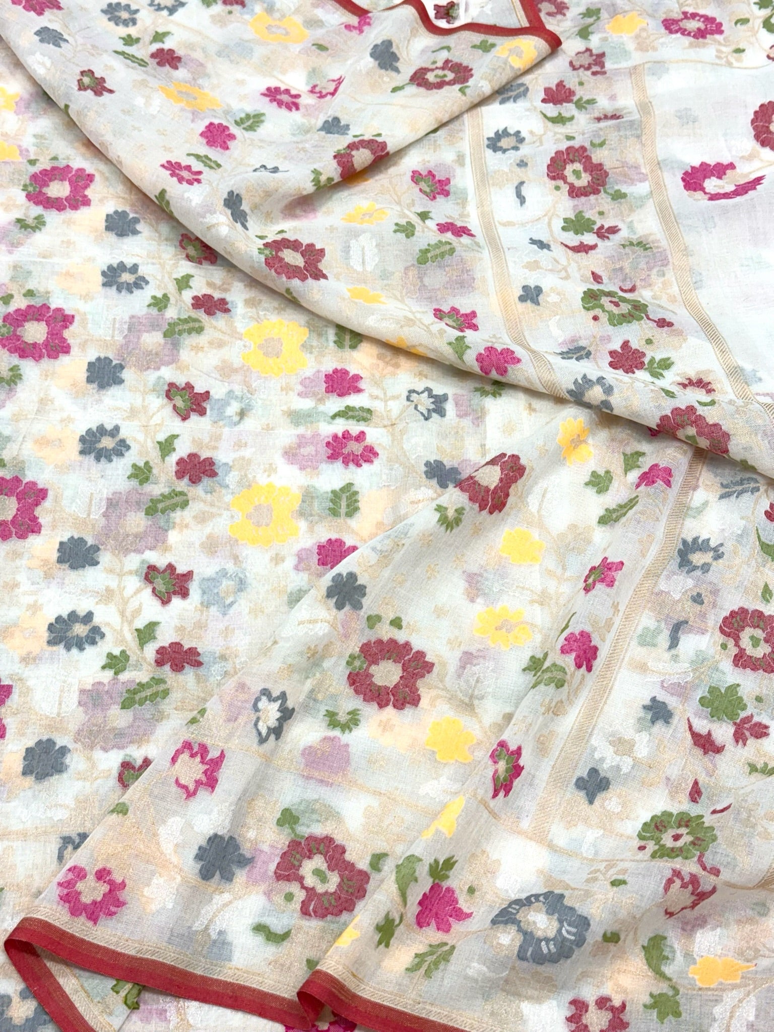 Pearl White Muslin Cotton Jamdani Ektara Weave Handloom Banarsi Saree