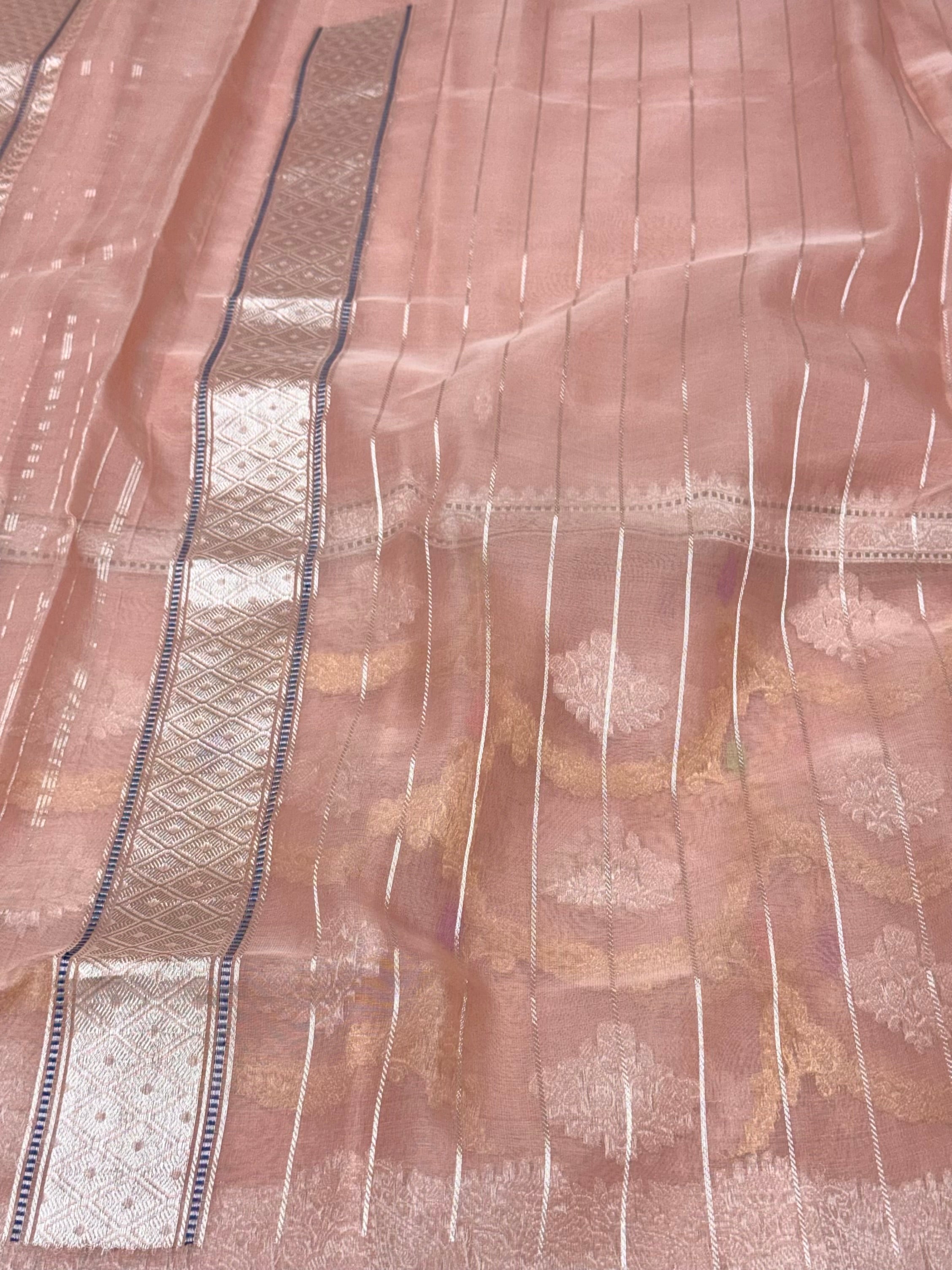 Peach Pure Kora Silk Handwoven Banarasi Half & Half Saree
