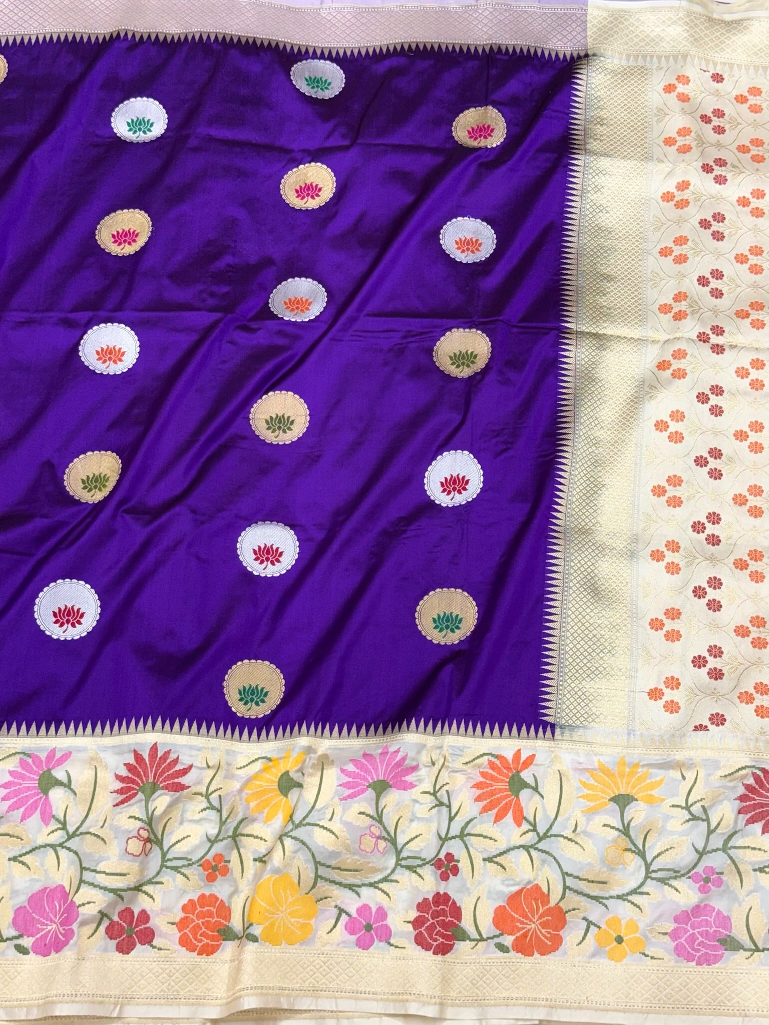 Purple/Ivory Pure Mulberry Katan Silk | Kadhwa + Kadhiyal Technique | Handwoven Banarasi Saree