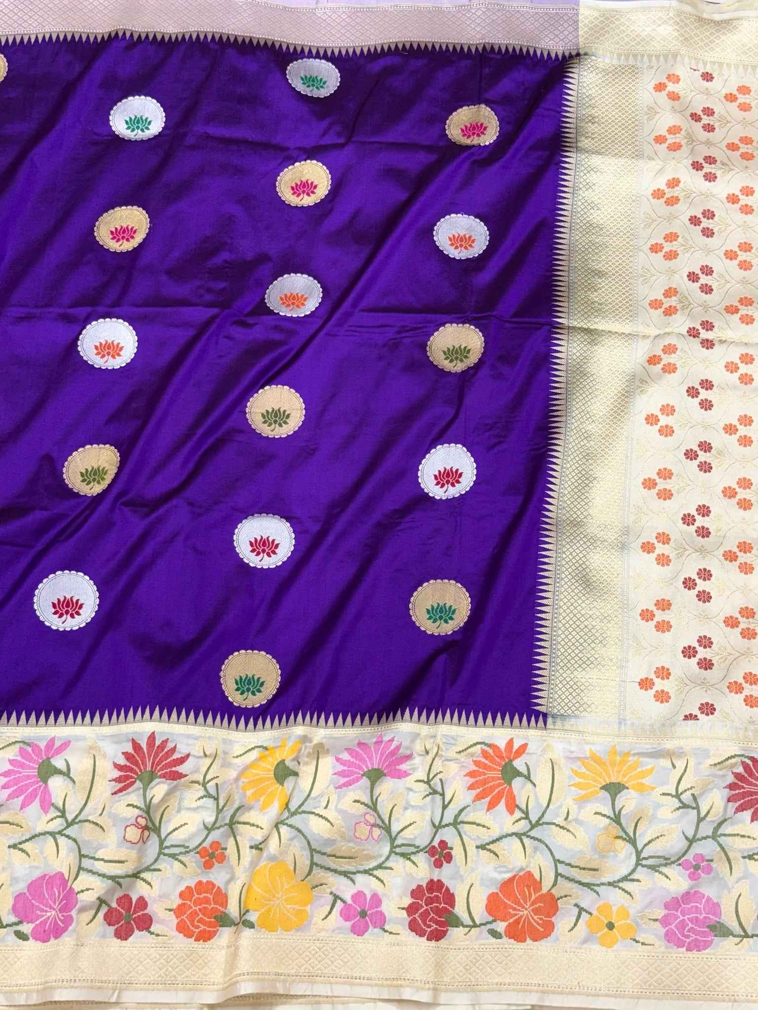 Purple/Ivory Pure Mulberry Katan Silk | Kadhwa + Kadhiyal Technique | Handwoven Banarasi Saree