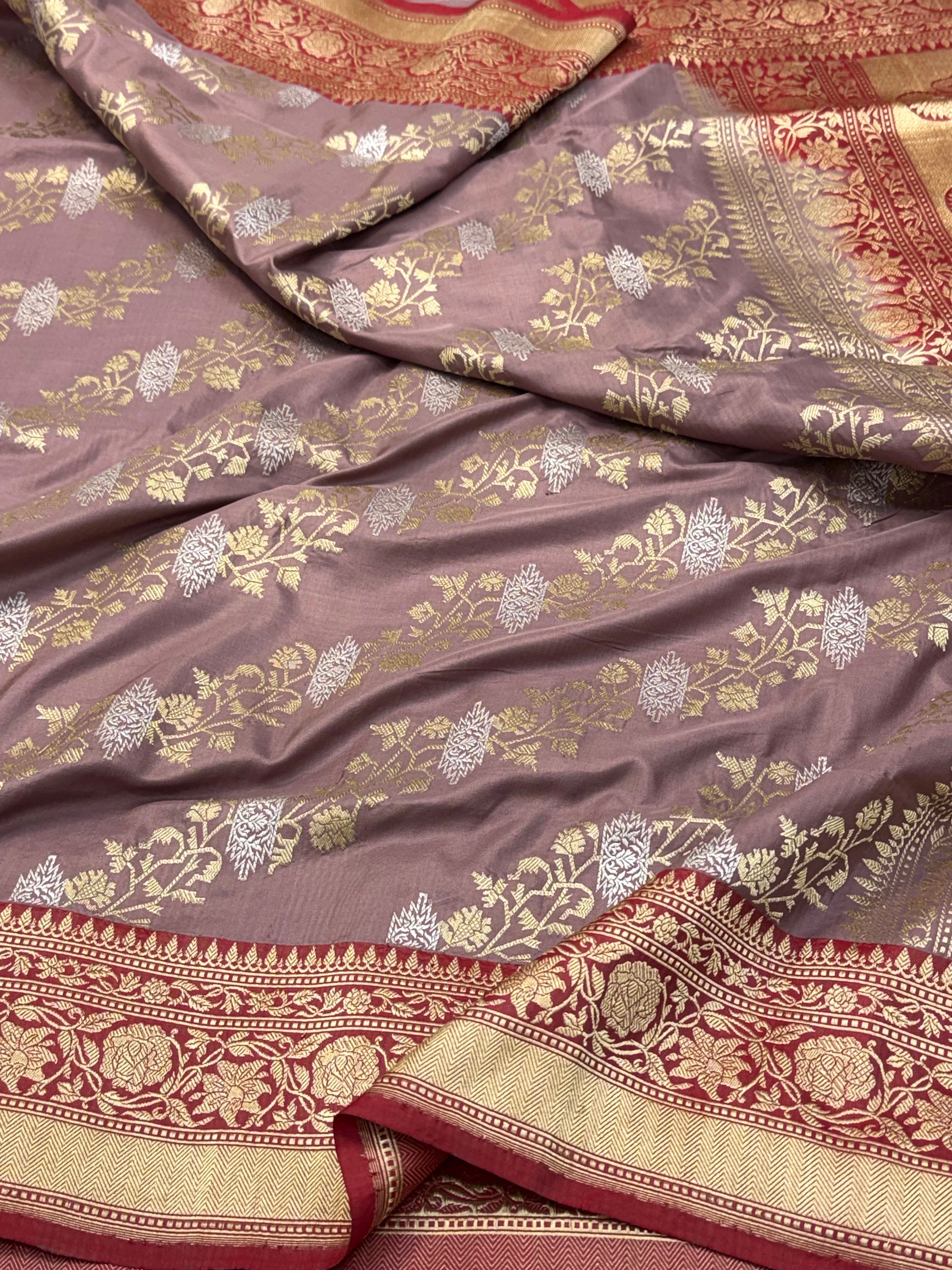 Mauve Brown Pure Mulberry Katan Silk Handwoven Banarasi Saree