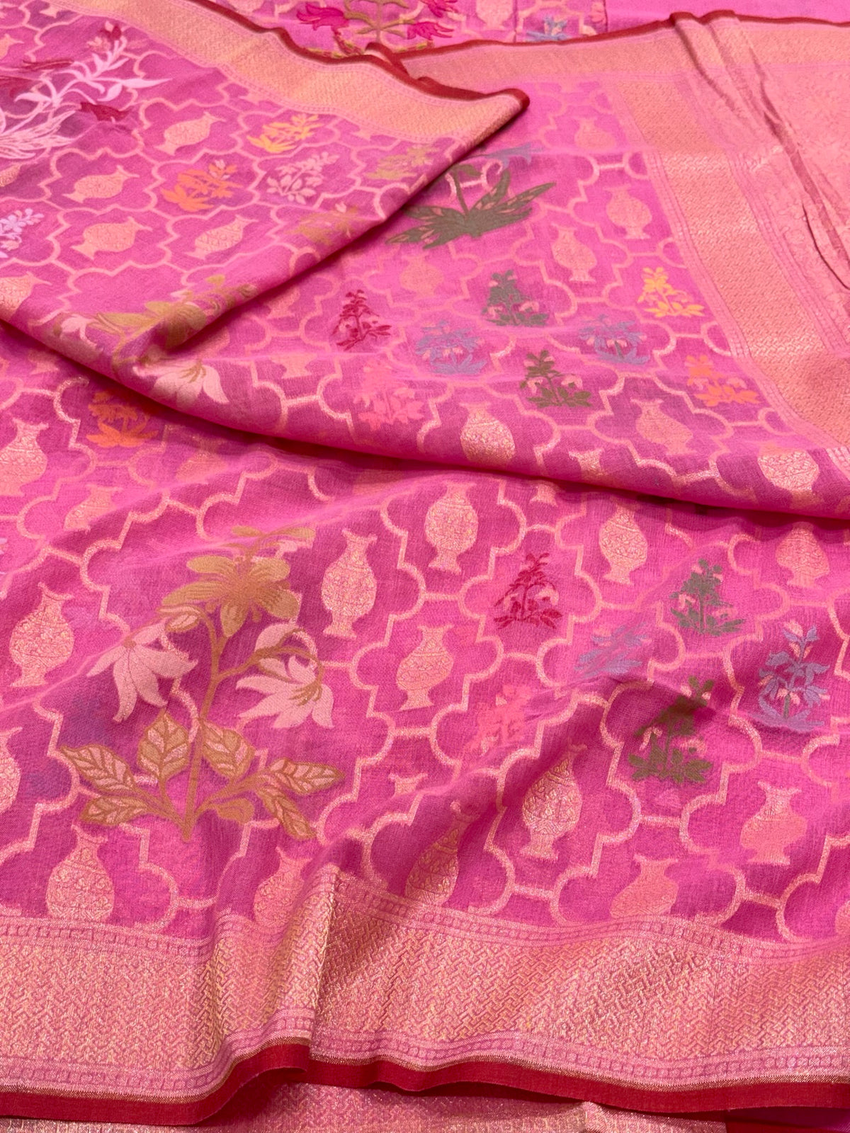 Pink Pure Muslin Cotton Jamdani | Ektara Technique | Handloom Banarasi Saree