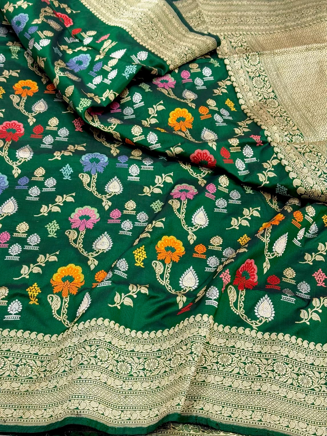 Bottle Green Pure Mulberry Katan Silk Handwoven Banarasi Saree