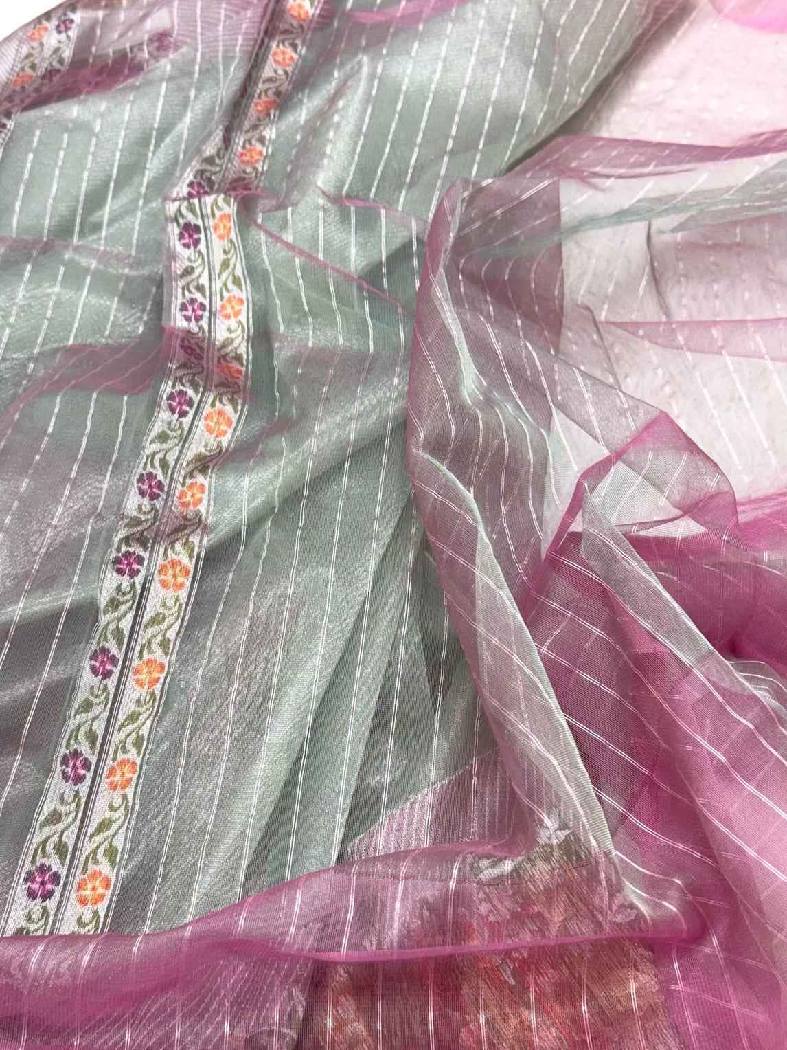 Pista Green Handwoven Banarasi Saree | Kadhwa Technique | Pure Banarasi Organza Tissue Saree - Pure Mulberry Kora Silk