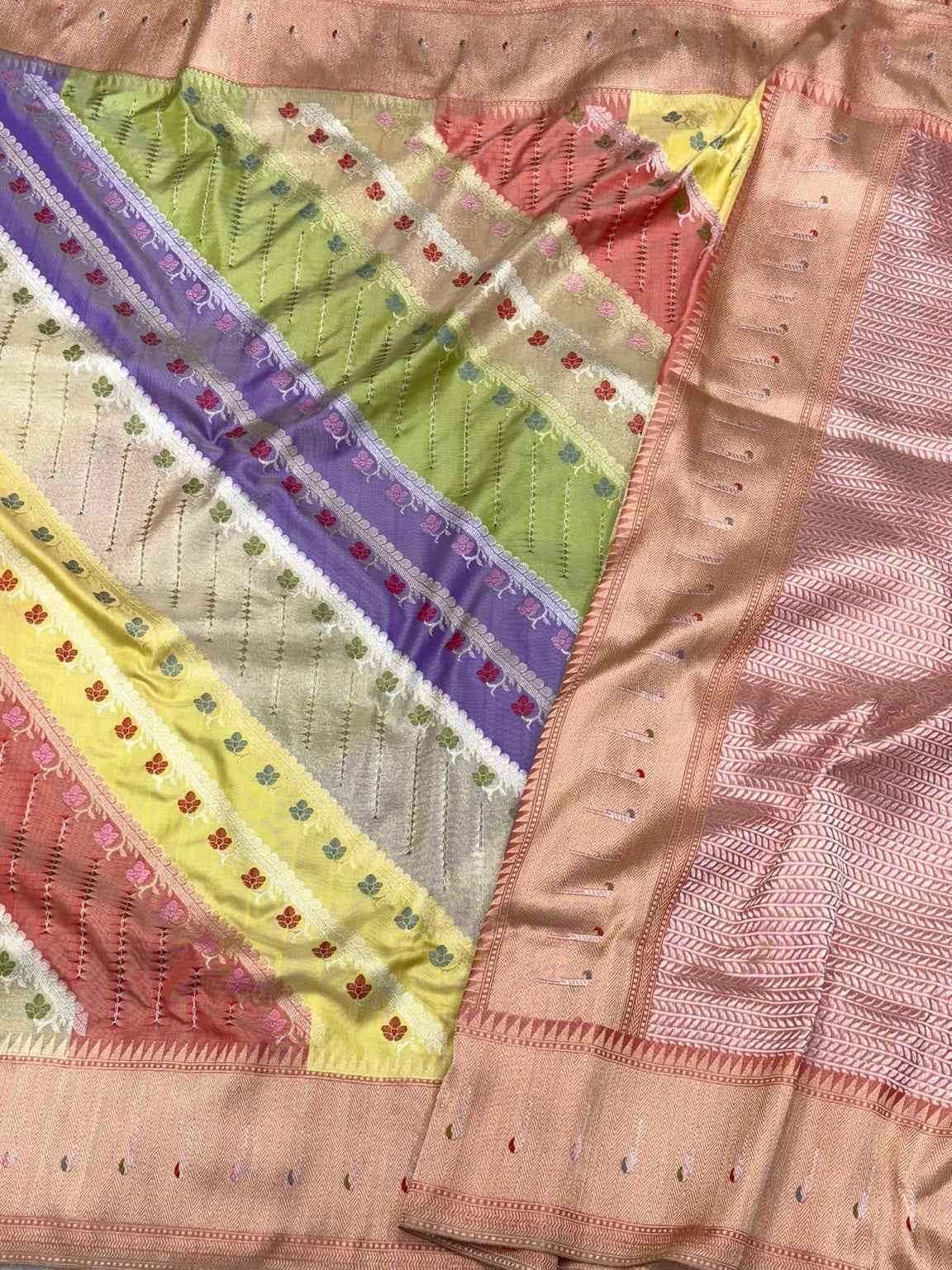 Ivory Pure Mulberry Katan Silk Handwoven Banarasi Saree | Rangkaat + Kadhwa Weave Luxury Banarasi Saree