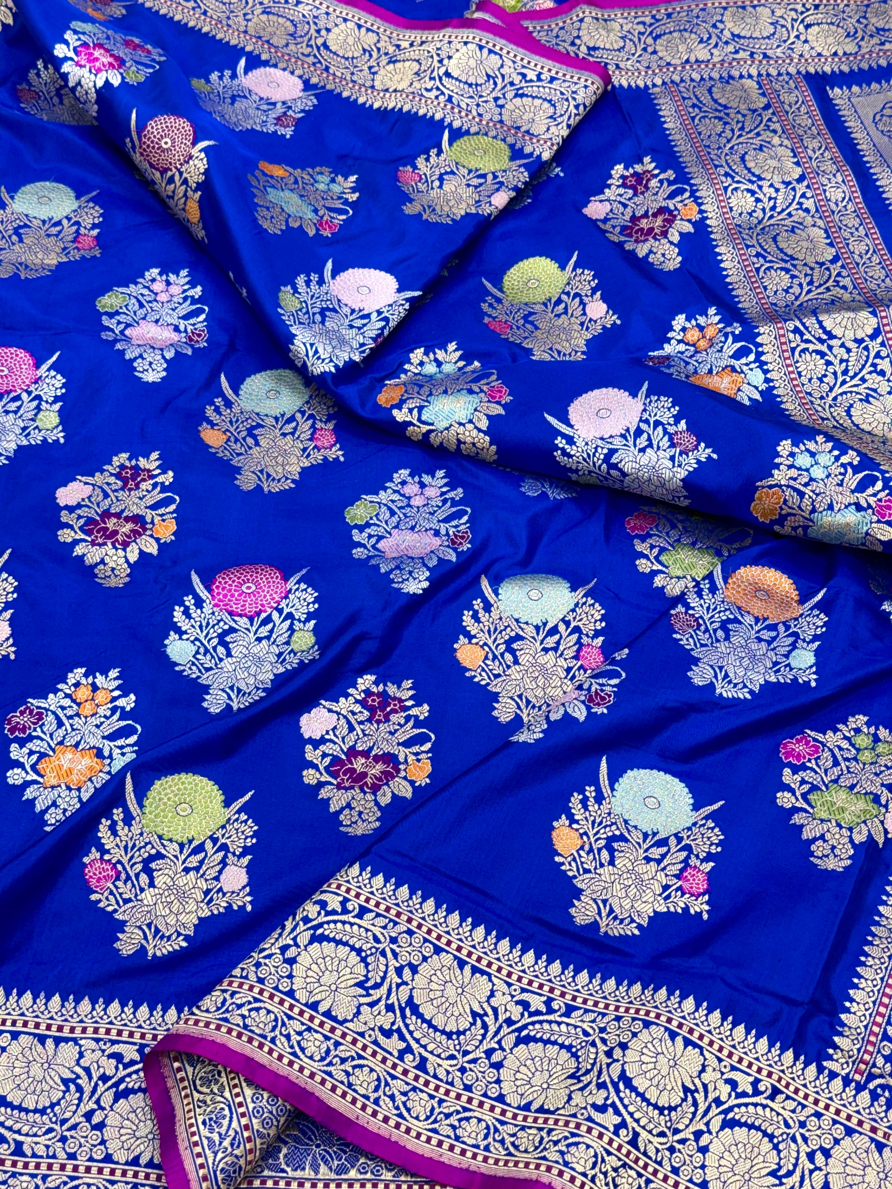 German Blue Pure Mulberry Katan Silk Handwoven Banarasi Saree