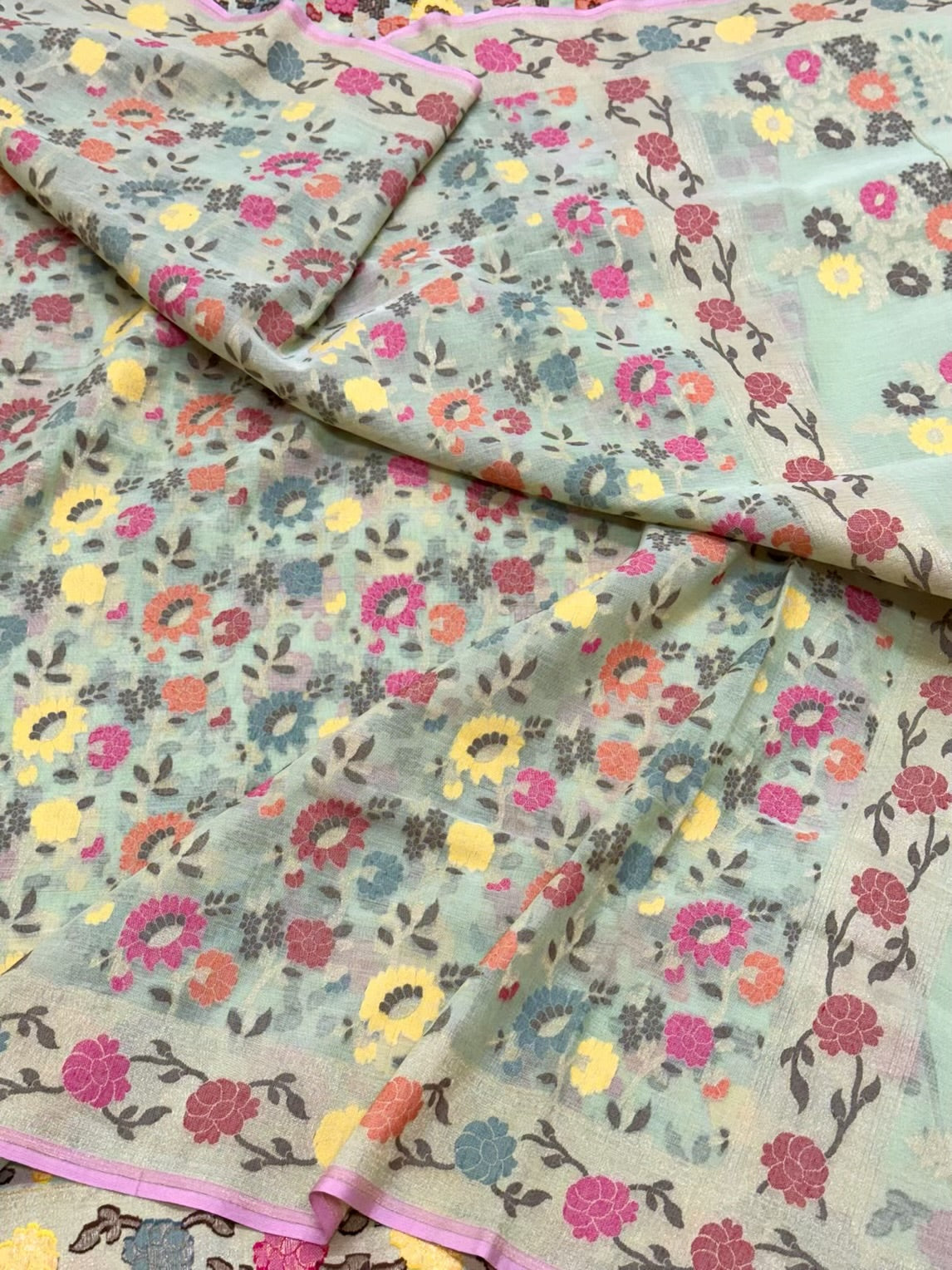 Pastel Green Pure Muslin Cotton Jamdani Handloom Banarasi Saree |Ektara Weave|