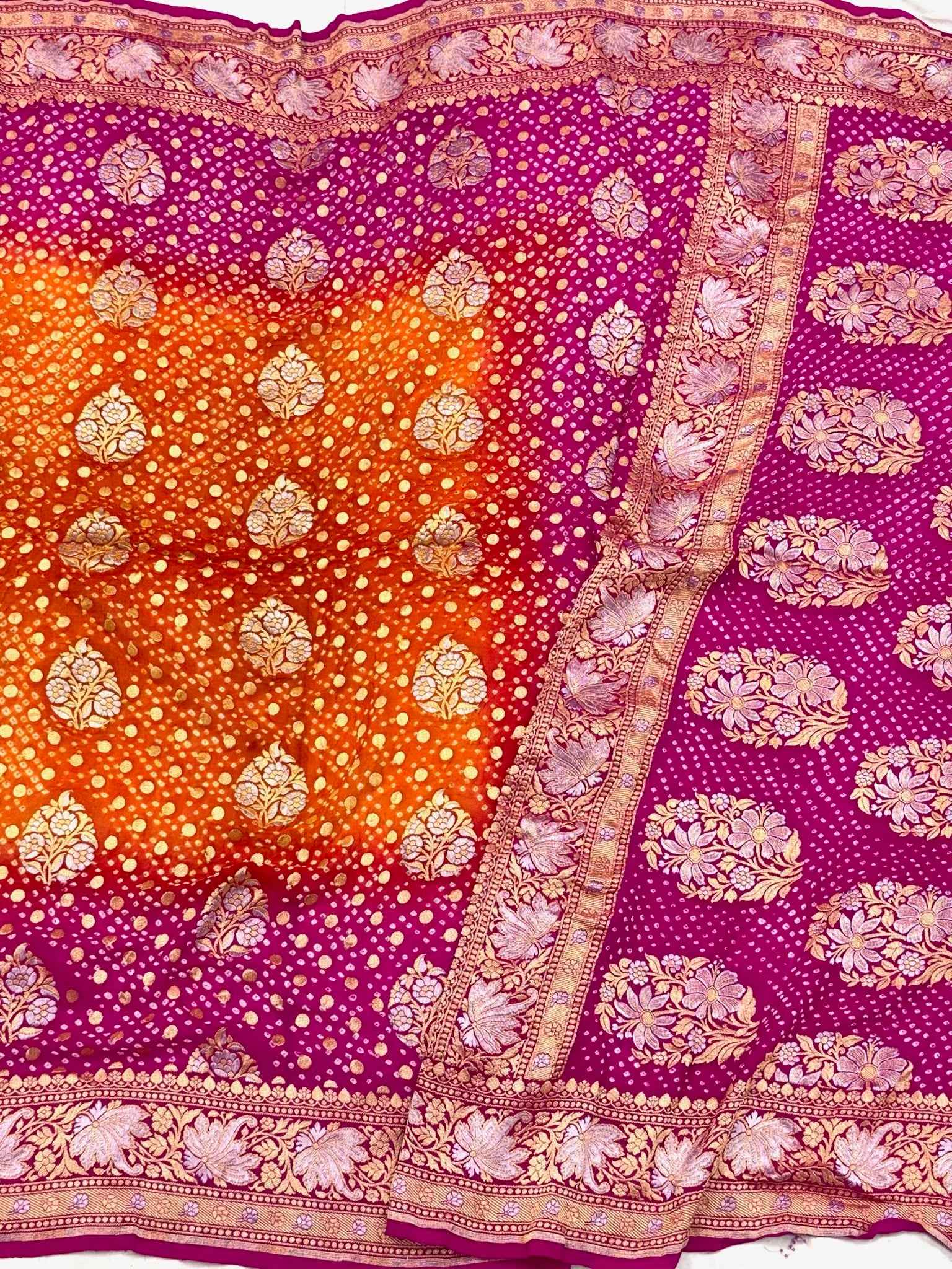 Pink/Orange Pure Chiffon Georgette Soft Drape Lightweight Saree | Handloom Banarasi Bandhej Saree