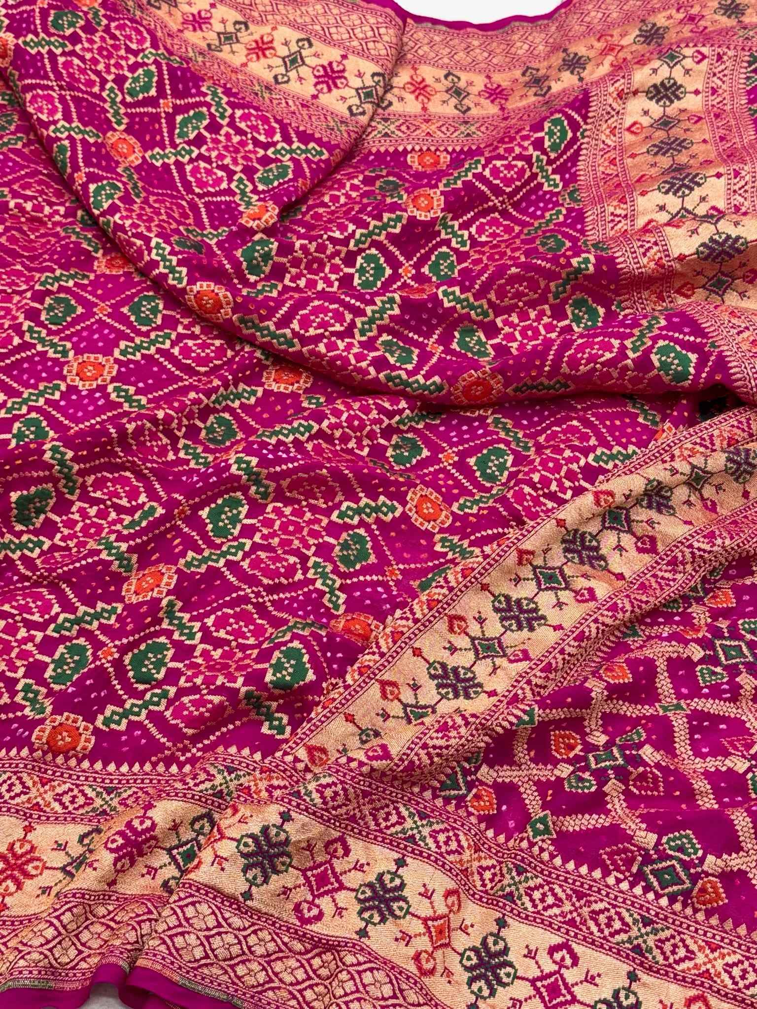 Red/Orange Pure Banarasi Bandhej Lightweight Saree - Pure Chiffon Georgette Handloom Banarasi Saree