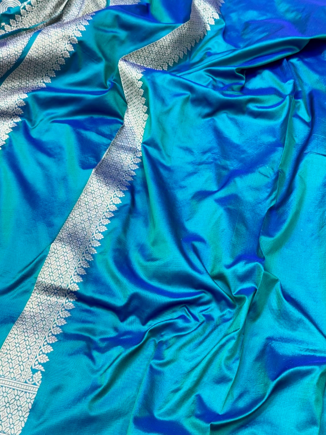 German Blue Pure Katan Mulberry Silk Handloom Banarasi Silk Saree