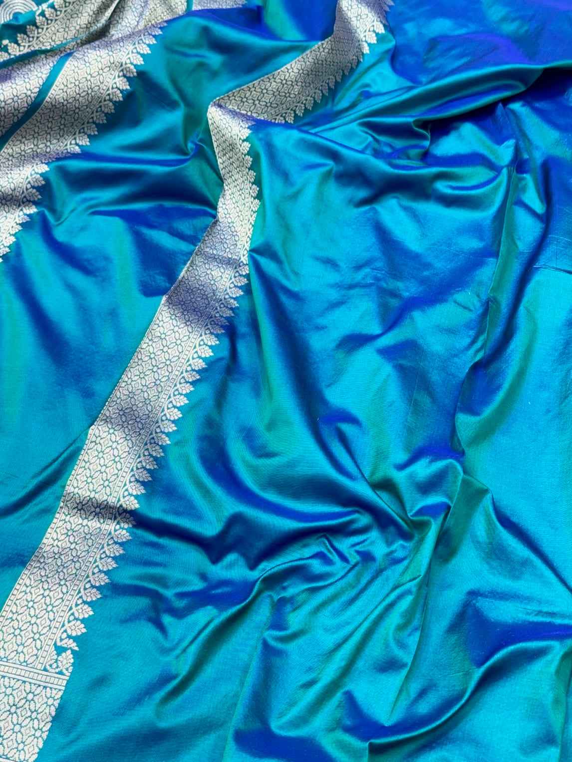 German Blue Pure Katan Mulberry Silk Handloom Banarasi Silk Saree