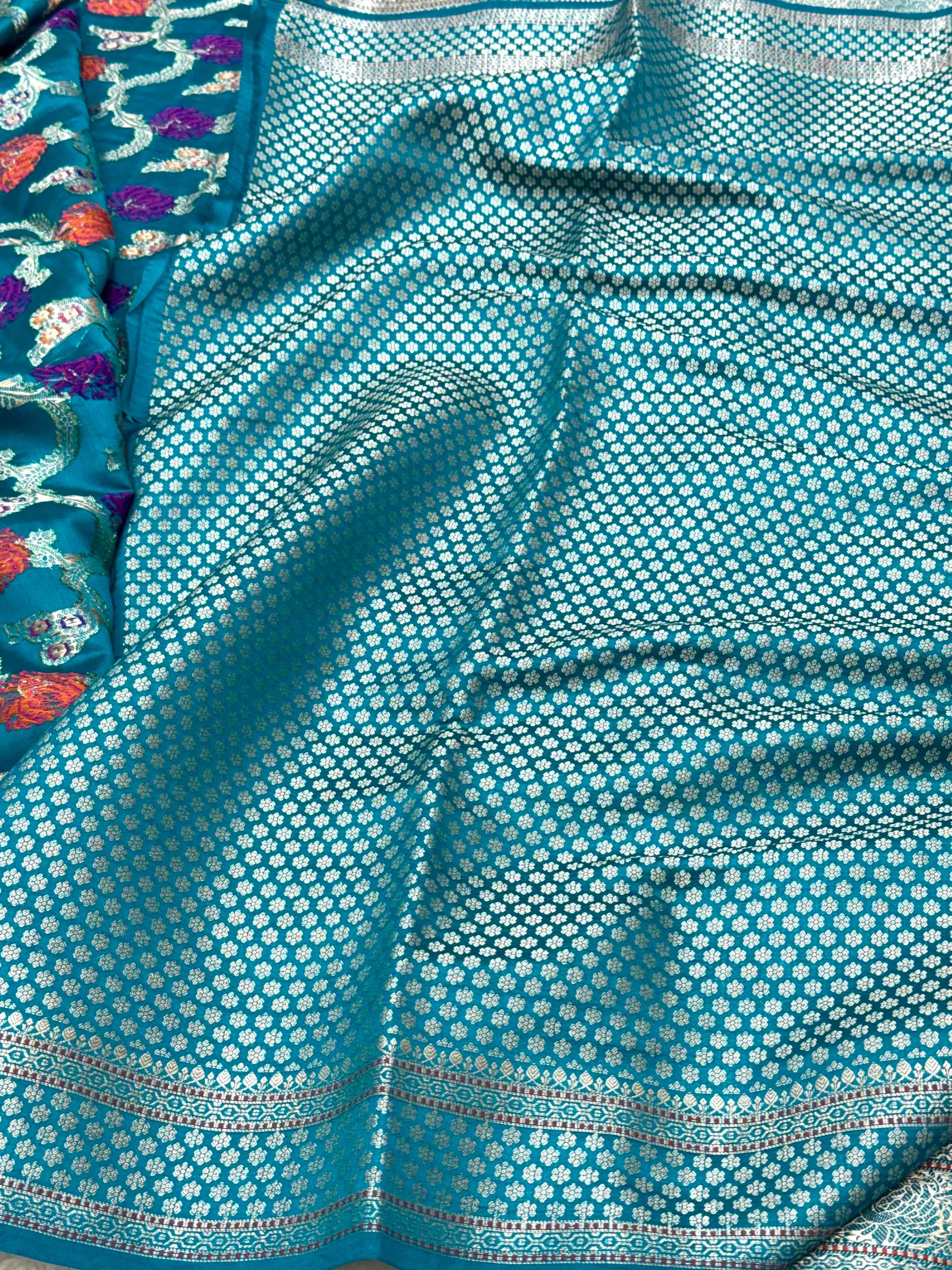 Teal Green Pure Mulberry Chiniya Silk Meenakari Banarasi Saree- Lightweight