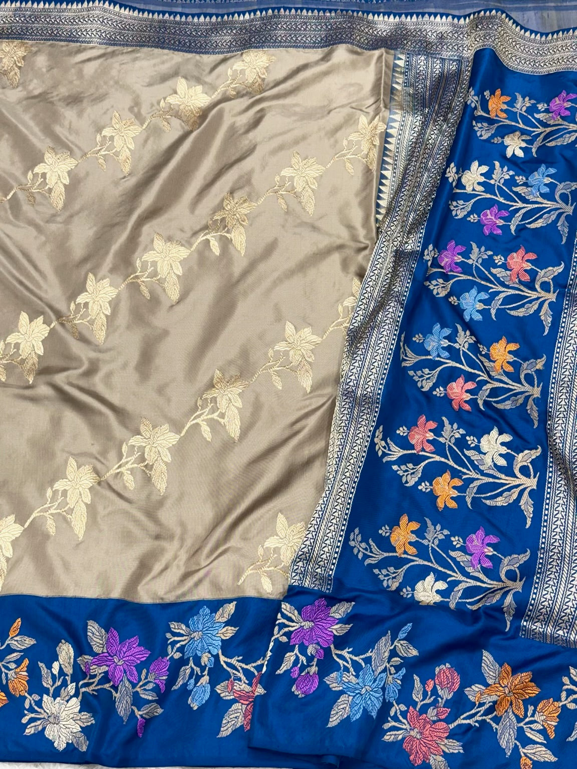 Beige Pure Katan Mulberry Silk saree | Kadhwa Ektara Weave | Banarasi Handwoven Modern Saree