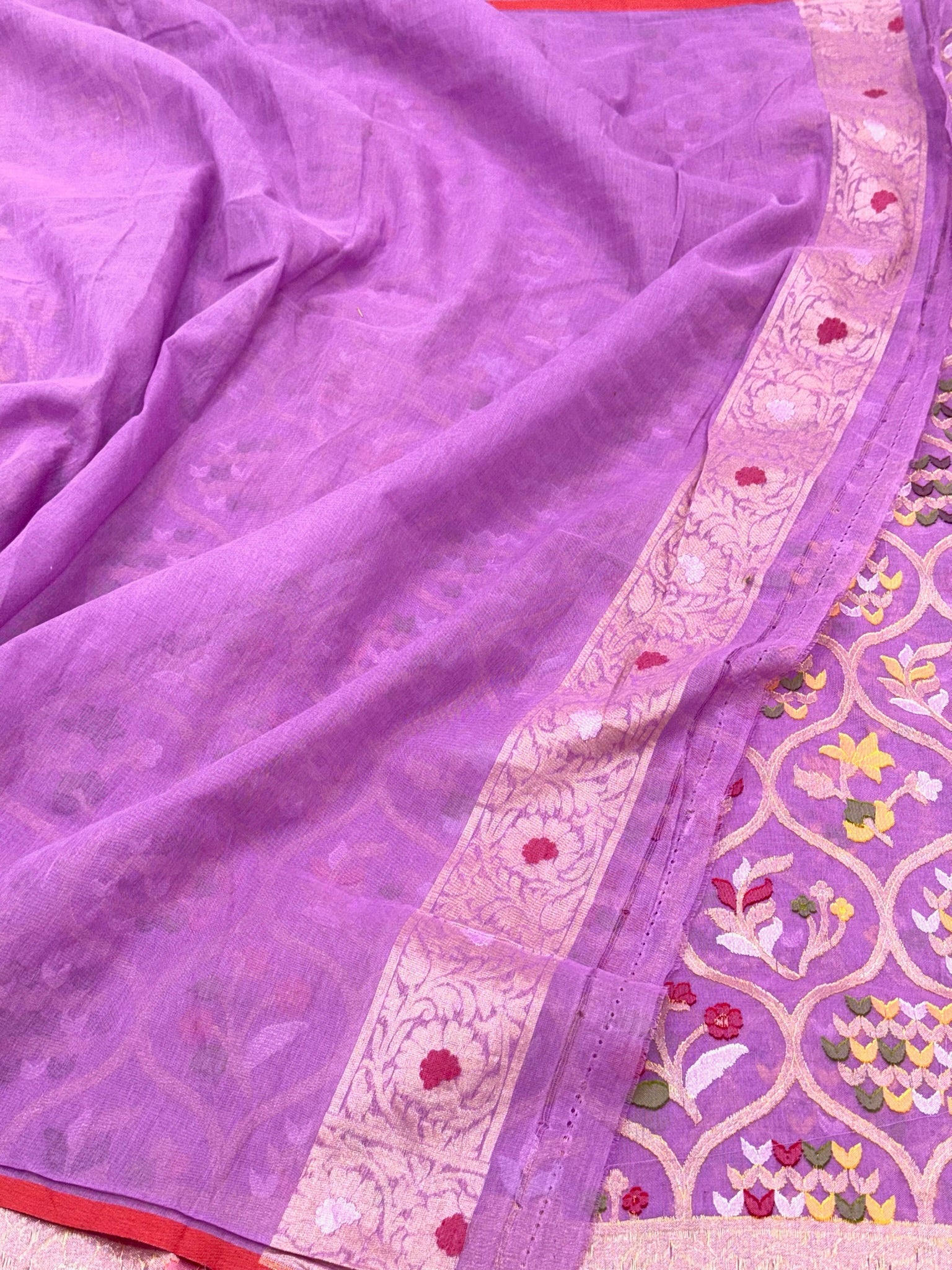 Lavender Pure Muslin Cotton Jamdani Ektara Weave Handloom Banarasi Saree
