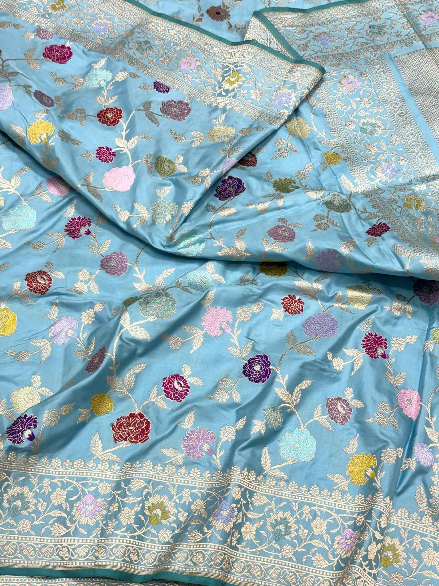 Sky Blue Pure Double Katan Silk & Mulberry Silk | Kadhwa Weave | Handwoven Authentic Banarasi Saree