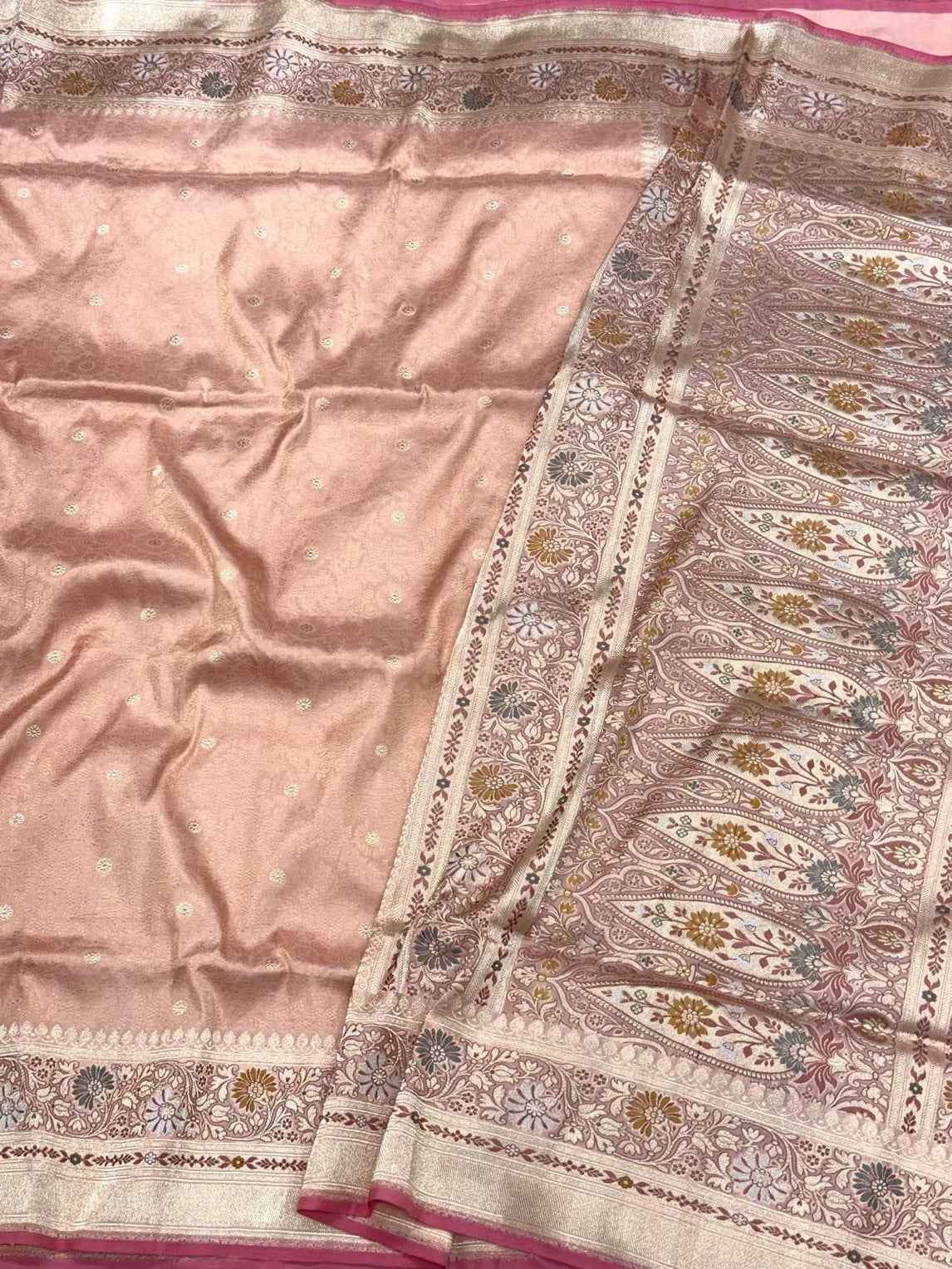 Peach Pure Katan Silk Saree | Kadhwa + Tanchoi Weave | Pure Mulberry Silk Handwoven Banarasi Silk Saree