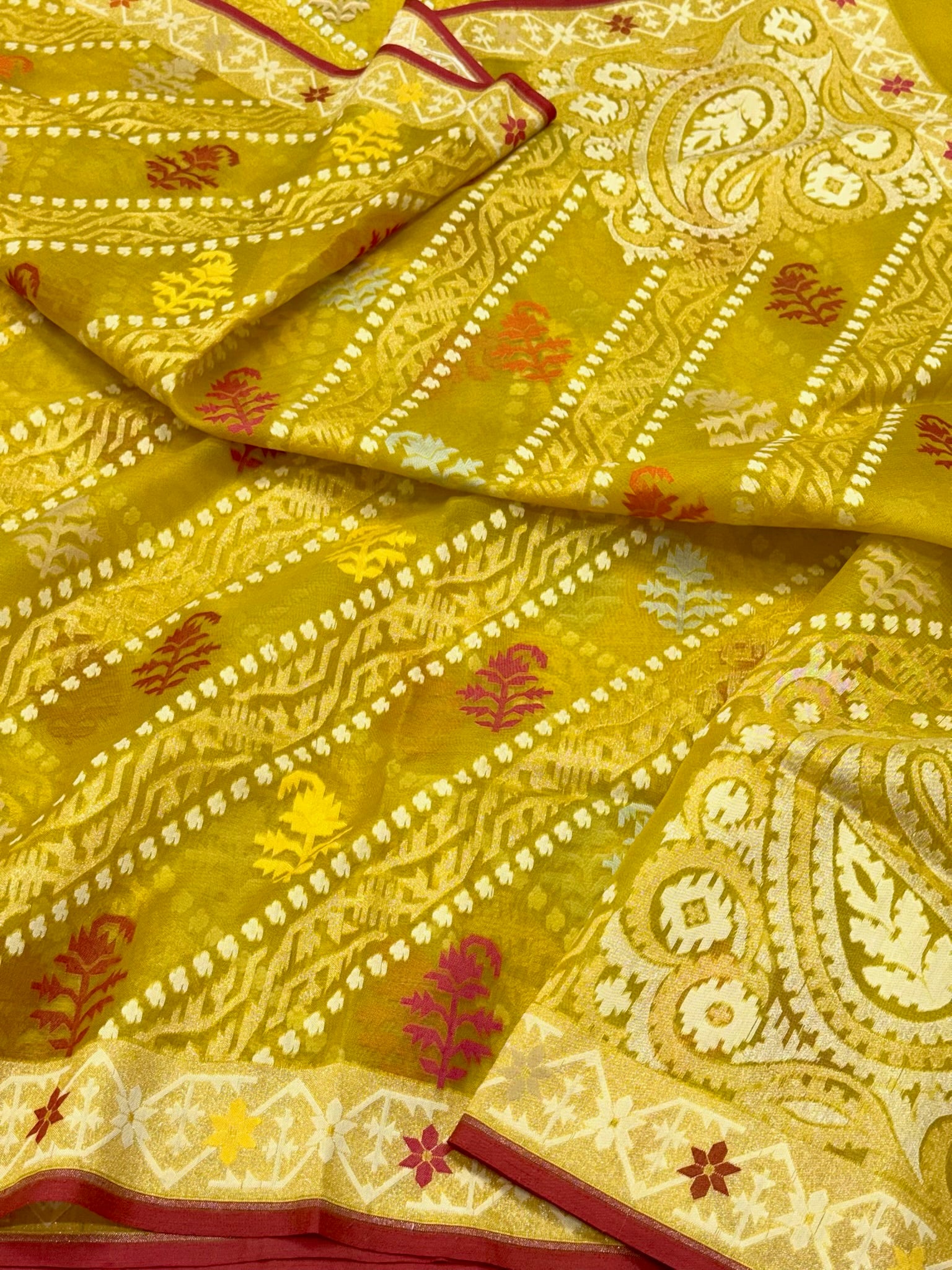 Mustard Yellow Pure Kora Silk Handloom Banarasi Saree with Ektara + Jamdani Weave