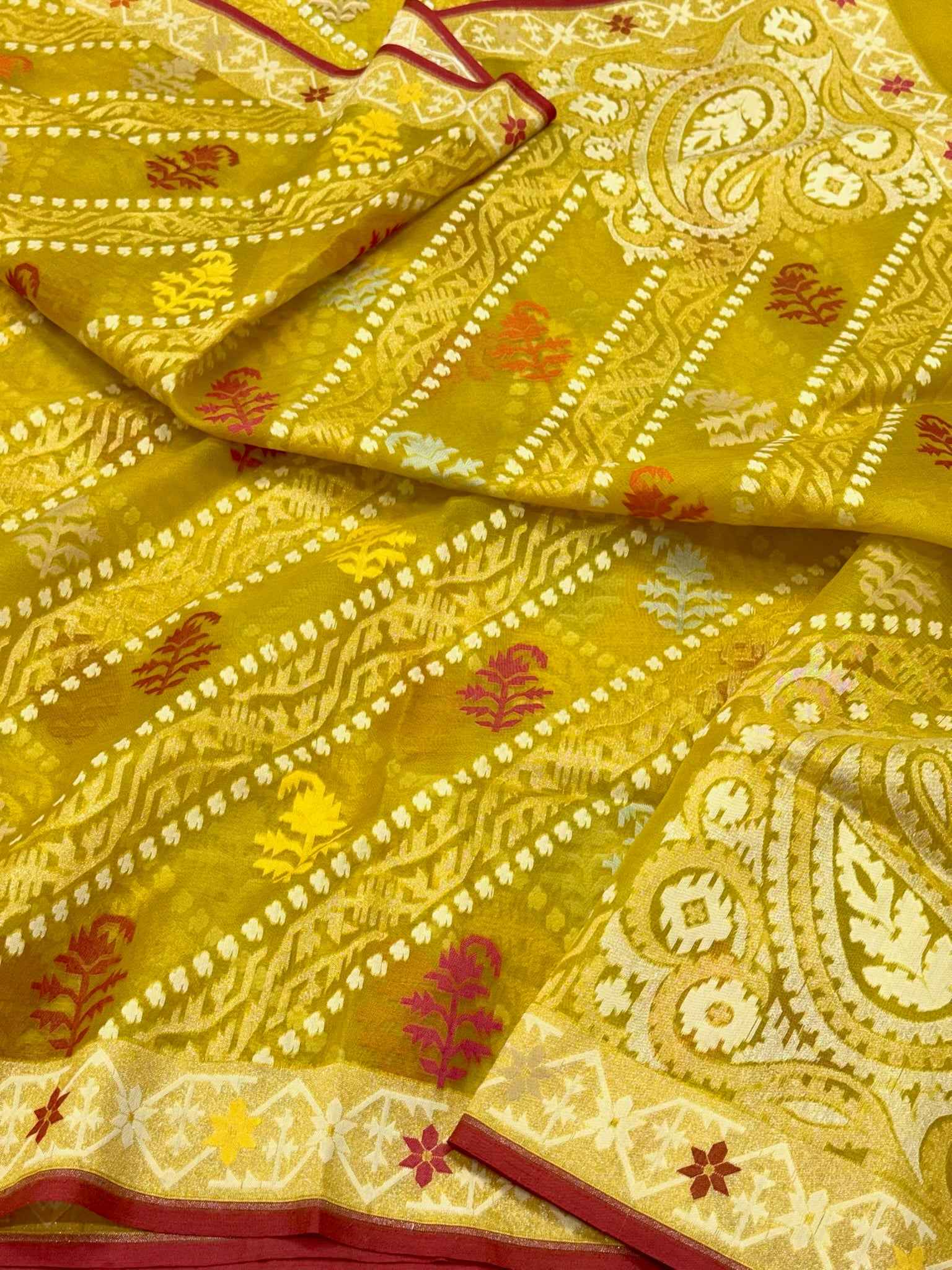 Mustard Yellow Pure Kora Silk Handloom Banarasi Saree with Ektara + Jamdani Weave