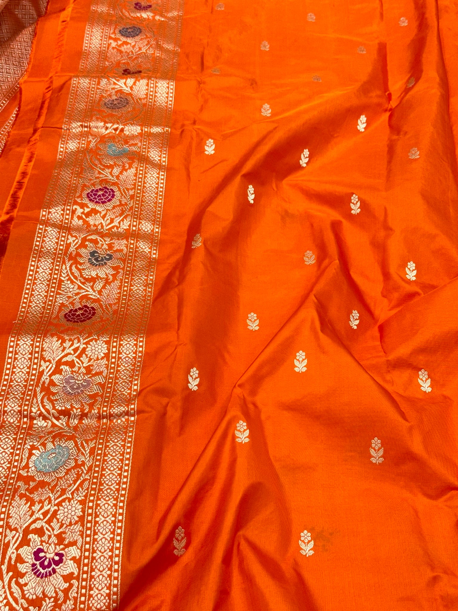 Orange Handwoven Luxury Banarasi Saree - Pure Mulberry Double Katan Silk Banarasi Saree | Kadhwa Weave | The Luxe Drape