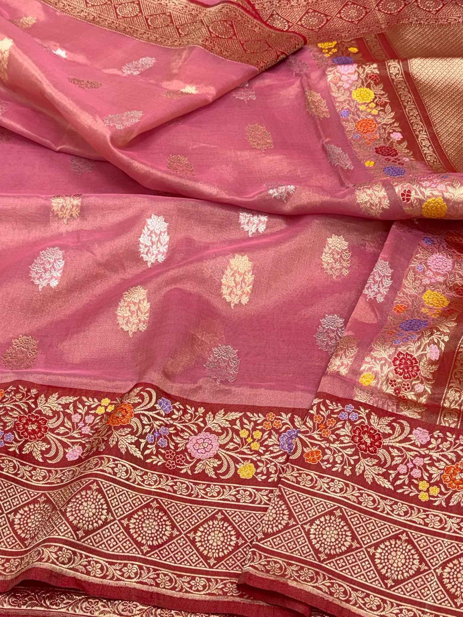 Onion Pink Pure Kora Tissue Silk Handwoven Banarasi Silk Saree | Katan Silk Border & Blouse