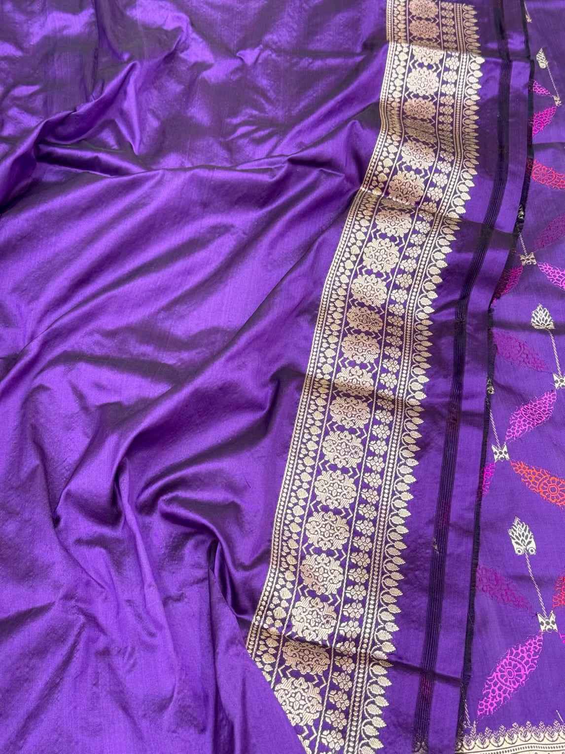 Purple Banarasi Pure Silk Saree | Kadhwa Technique - 100% Pure Katan Mulberry Silk | Handwoven Banarasi Saree