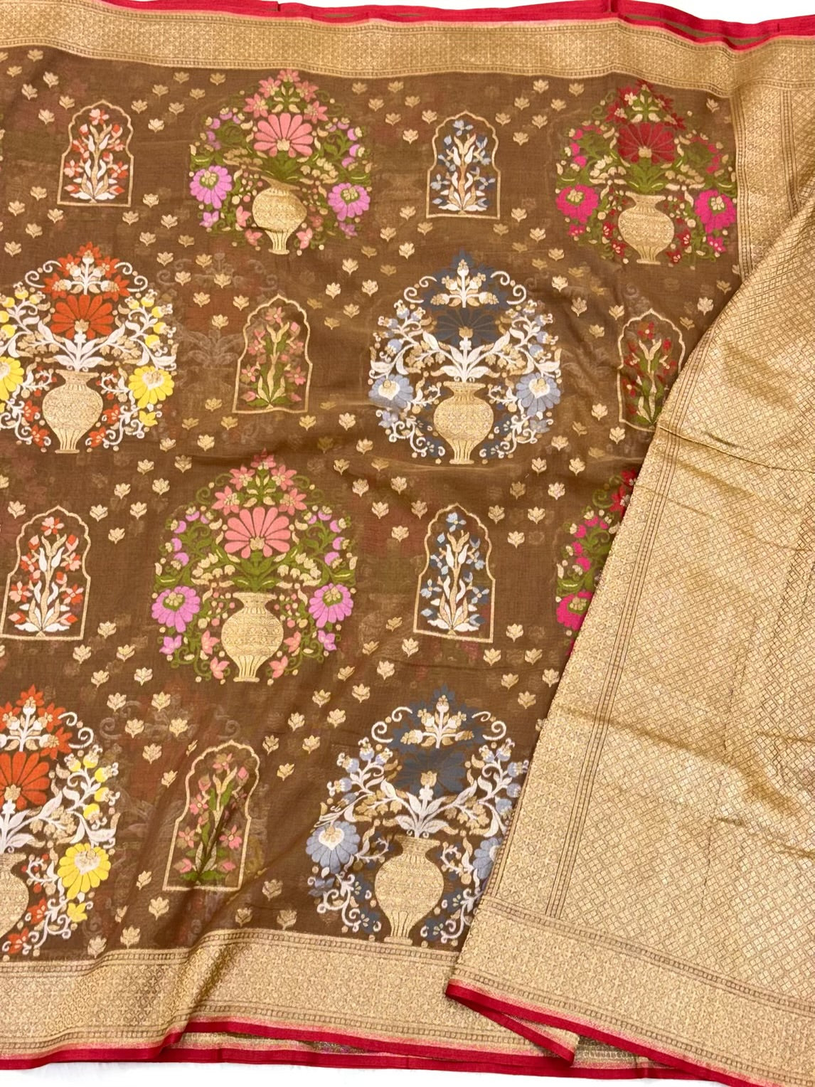 Brown Pure Muslin Cotton Jamdani handloom Banarasi Saree |Ektara Weave|