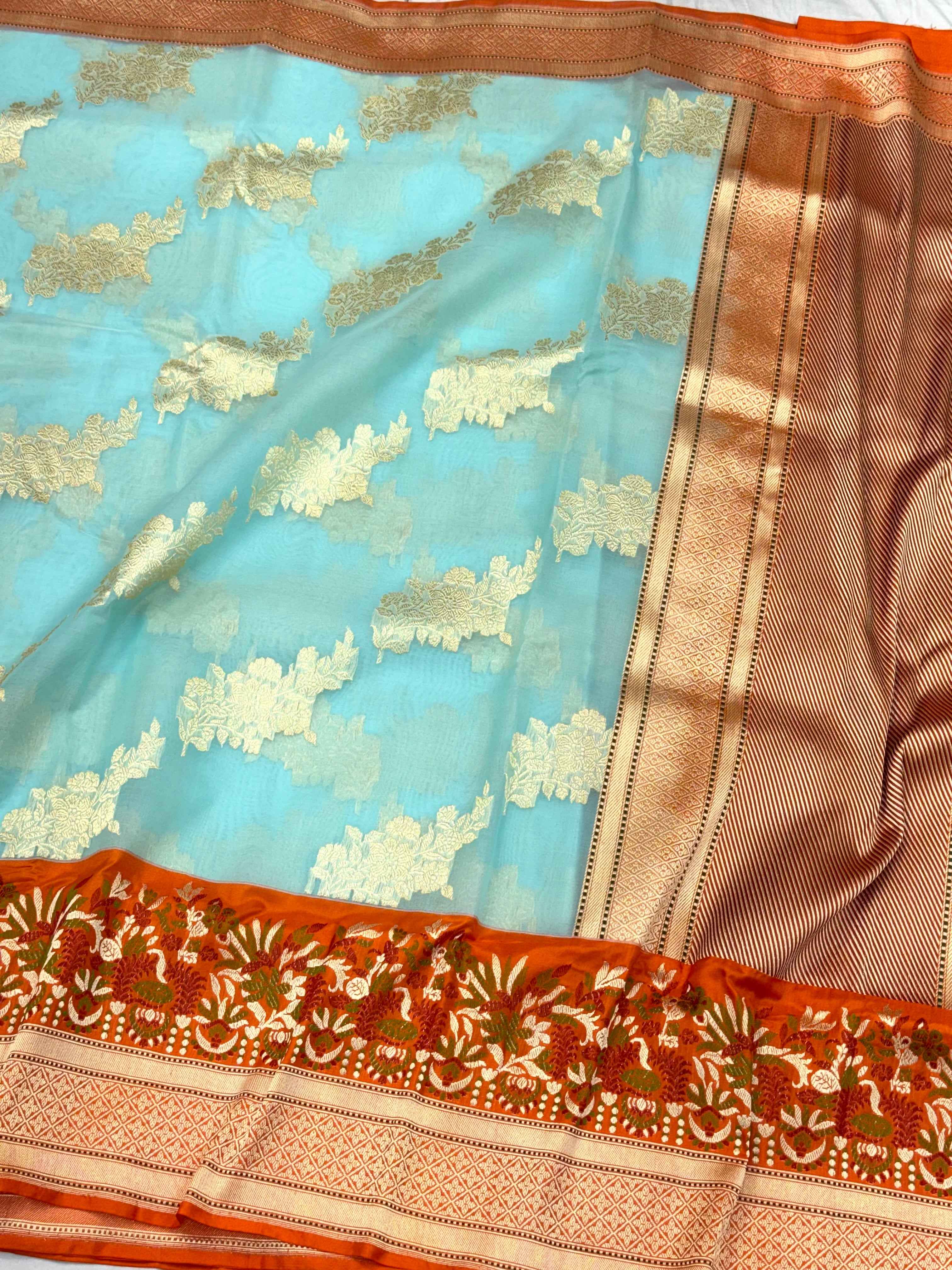 Sky Blue/Orange Pure Kora Silk Modern Handwoven Banarasi Saree-Kadhuwa Weave