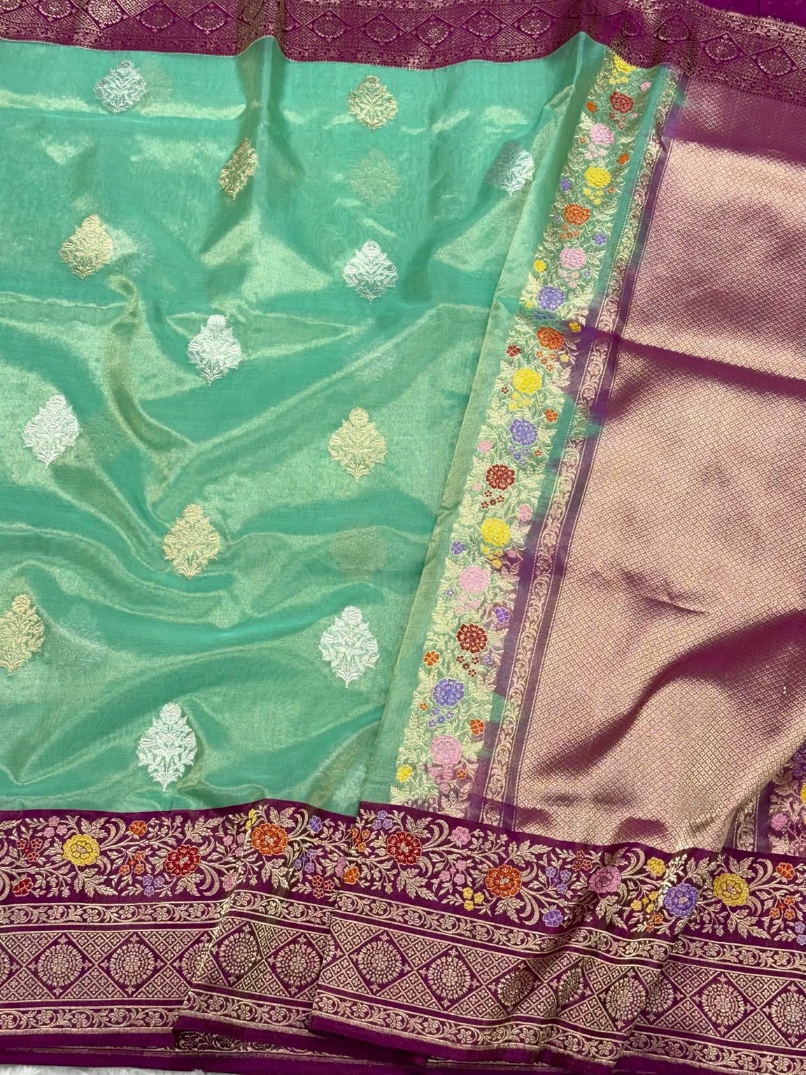 Sea Green Pure Kora Tissue Silk Handwoven Banarasi Silk Saree | Katan Silk Border & Blouse
