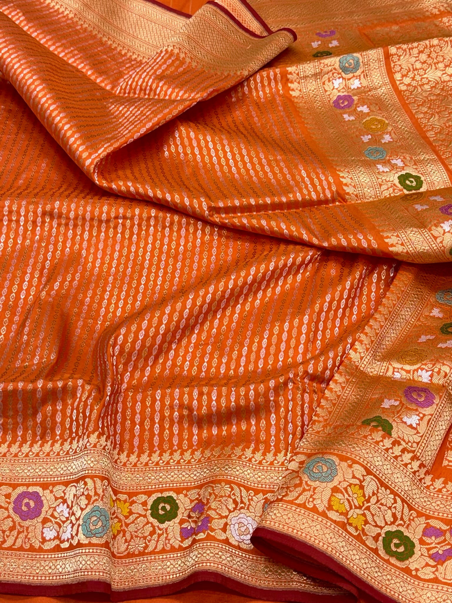 Orange Handwoven Pure Mulberry Katan Silk | Kadhwa Technique | Contemporary Banarasi Saree - Six Yards, Elevated