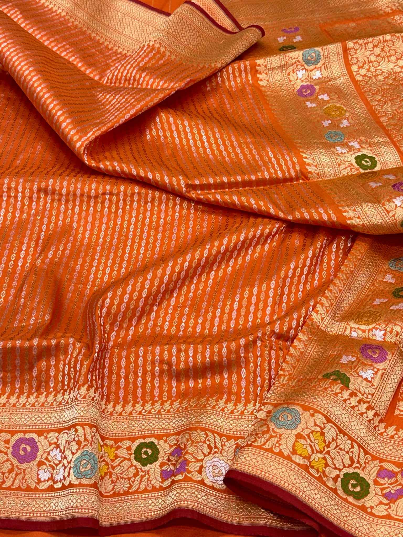 Orange Handwoven Pure Mulberry Katan Silk | Kadhwa Technique | Contemporary Banarasi Saree - Six Yards, Elevated