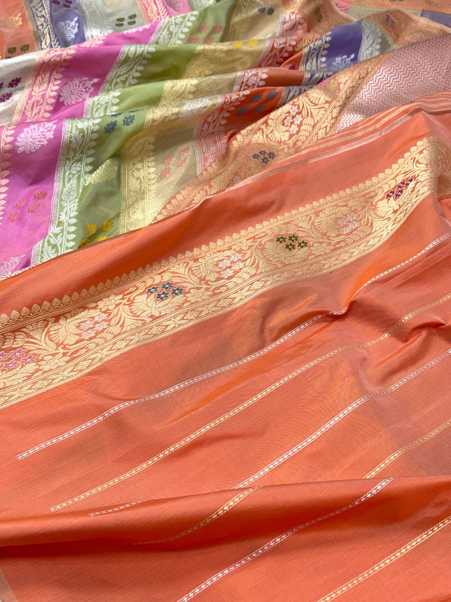 Peach Pure Mulberry Katan Silk Handwoven Banarasi Saree |Rangkaat|