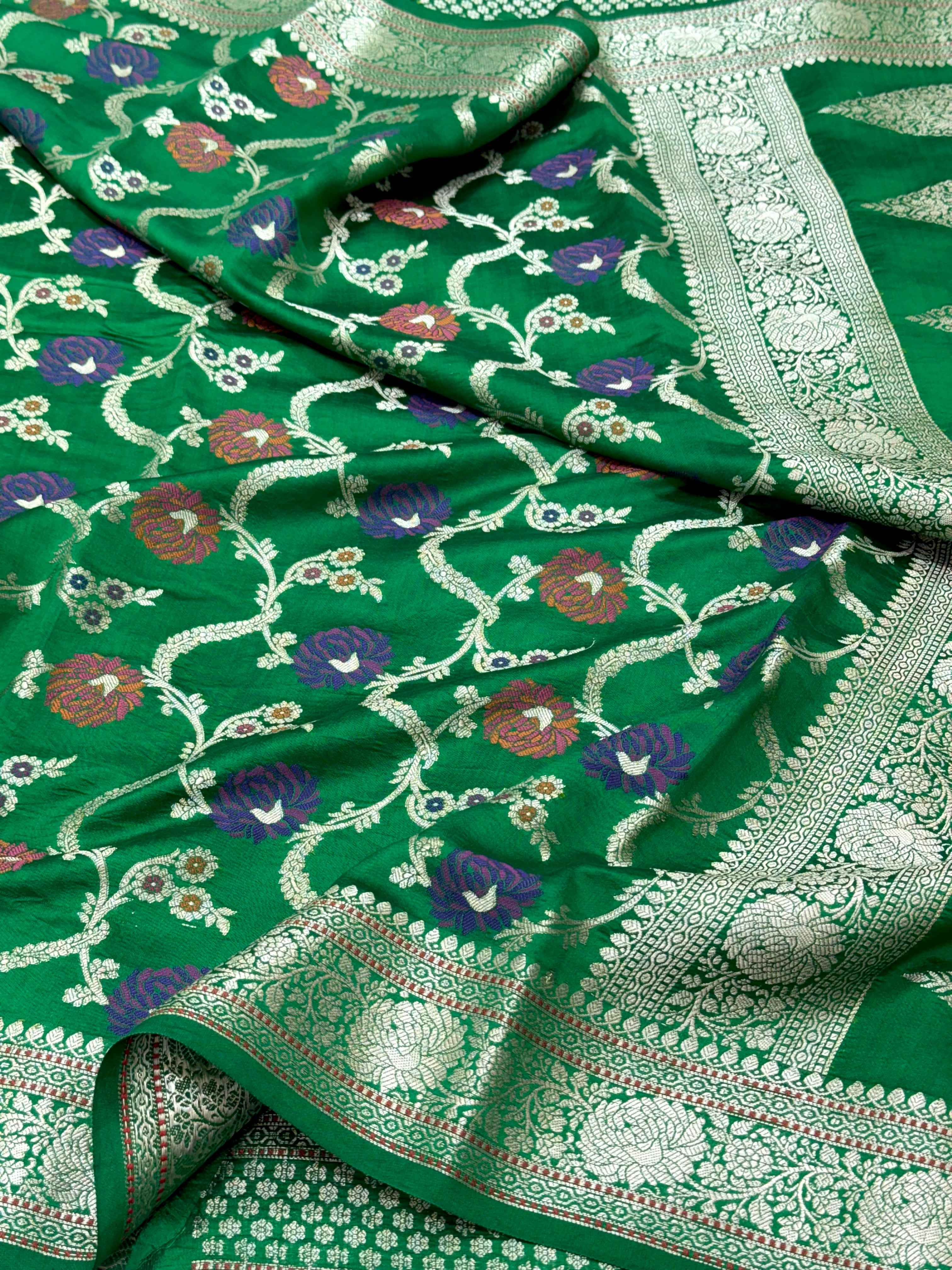 Green Pure Mulberry Chiniya Silk Meenakari Banarasi Saree- Lightweight