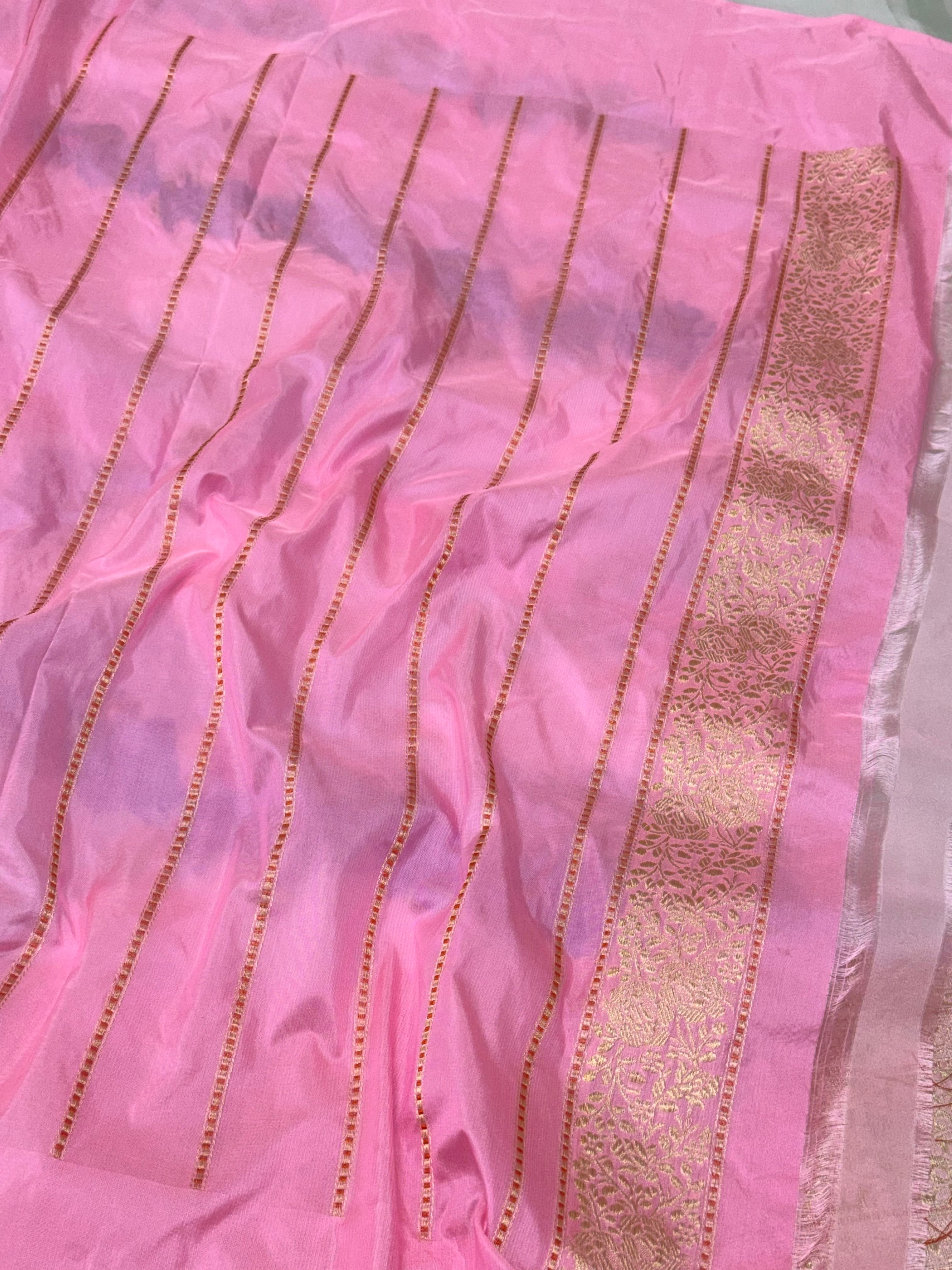 Pearl White/Candy Pink Pure Mulberry Kora Organza Silk Handwoven - Kadhwa Technique Elegant Modern Banarasi Saree | Effortless Drape
