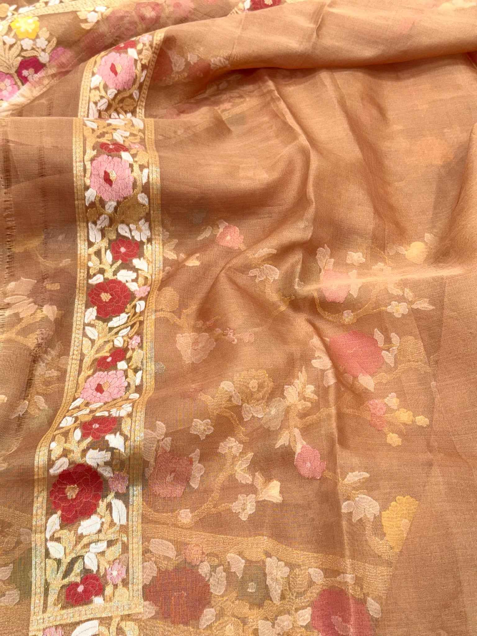 Brown Banarasi Handloom Saree | Pure Kora Mulberry Silk Jamdani Ektara Saree