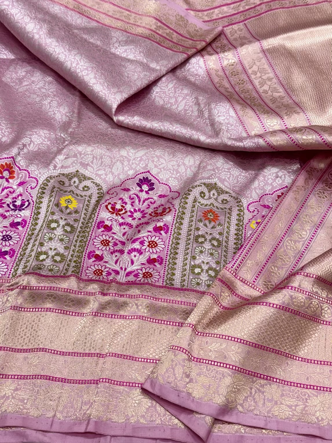 Pink Pure Katan Silk & Pure Mulberry Silk | Kadhwa Weave | Handwoven Contemporary Banarasi Brocade Saree