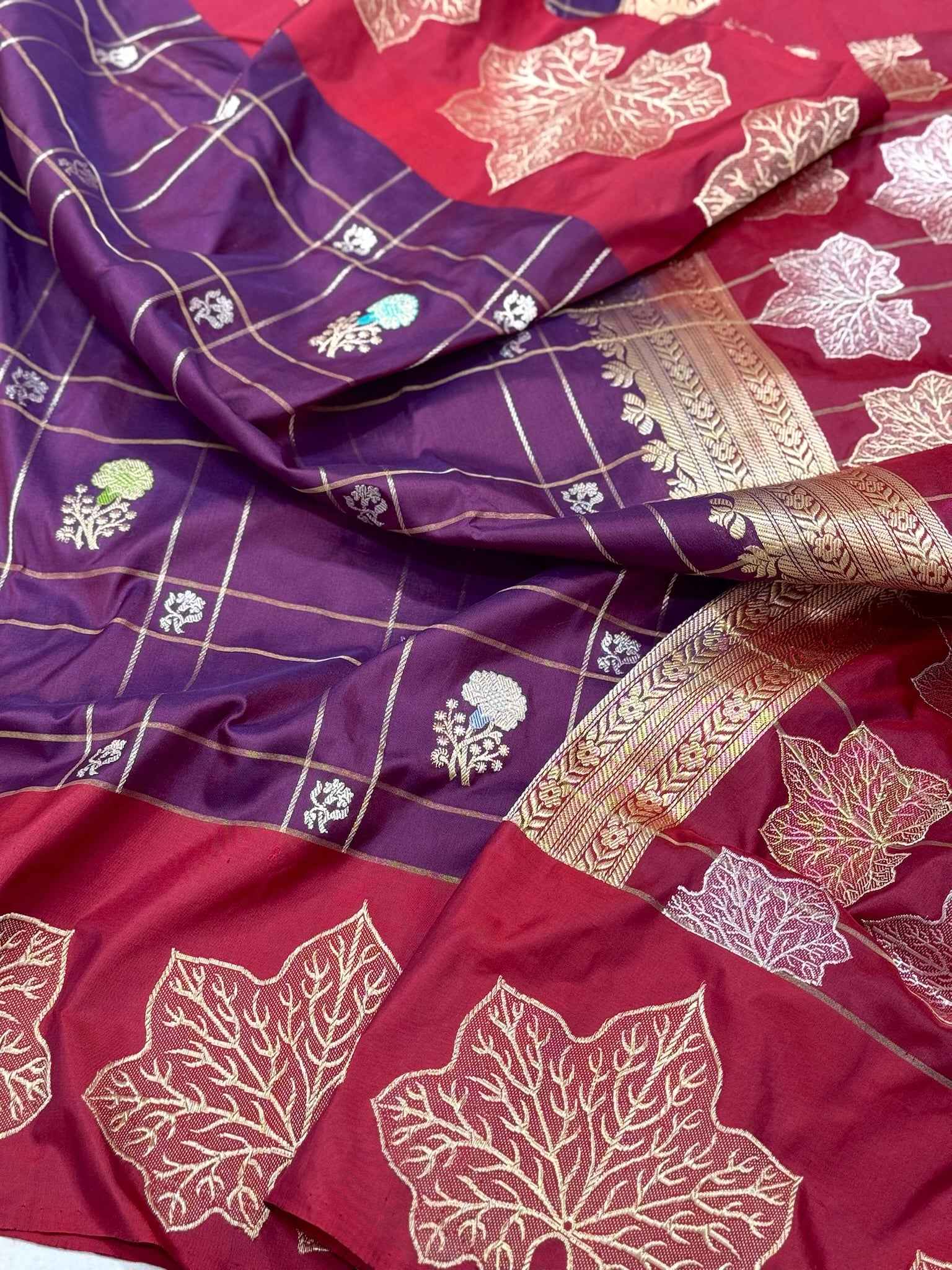 Magenta/Maroon Pure Katan Mulberry Silk | Kadhwa Technique | Handwoven Banarasi Modern Saree